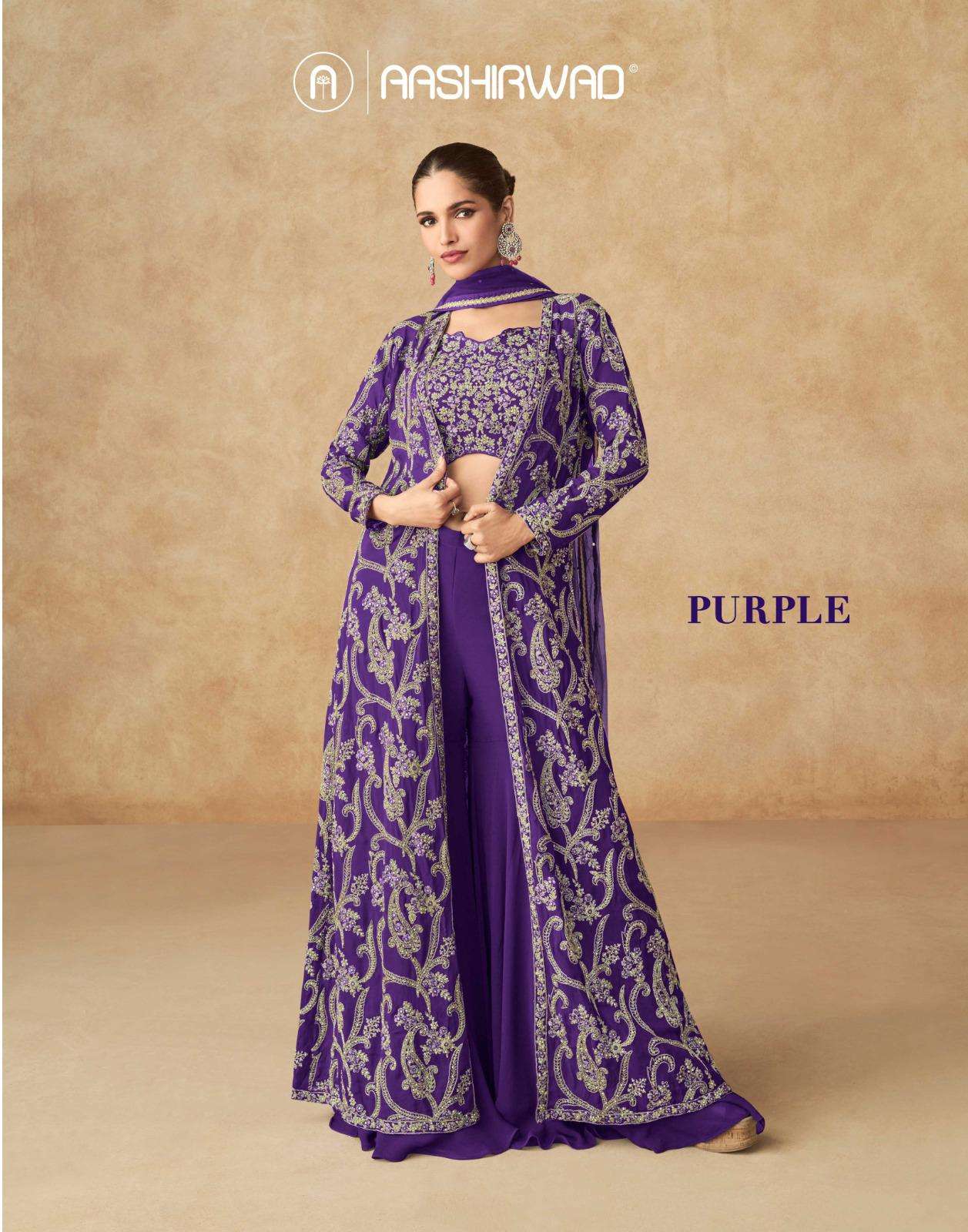 PURPLE  by AASHIRWAD CREATION  REAL GEORGETTE suit collection manufacturer surat 