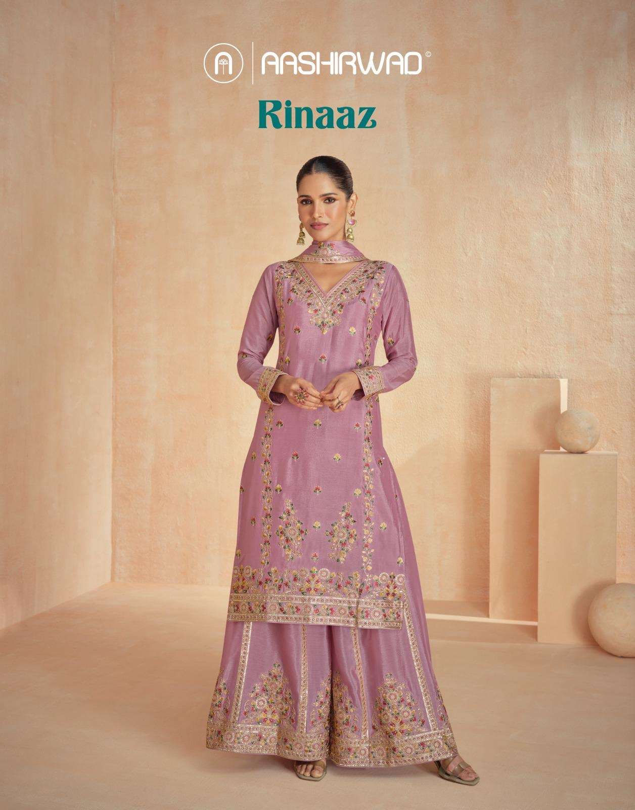 Rinaaz series 10121 to 10124 by aashirwad premium chinon silk plazo suits 