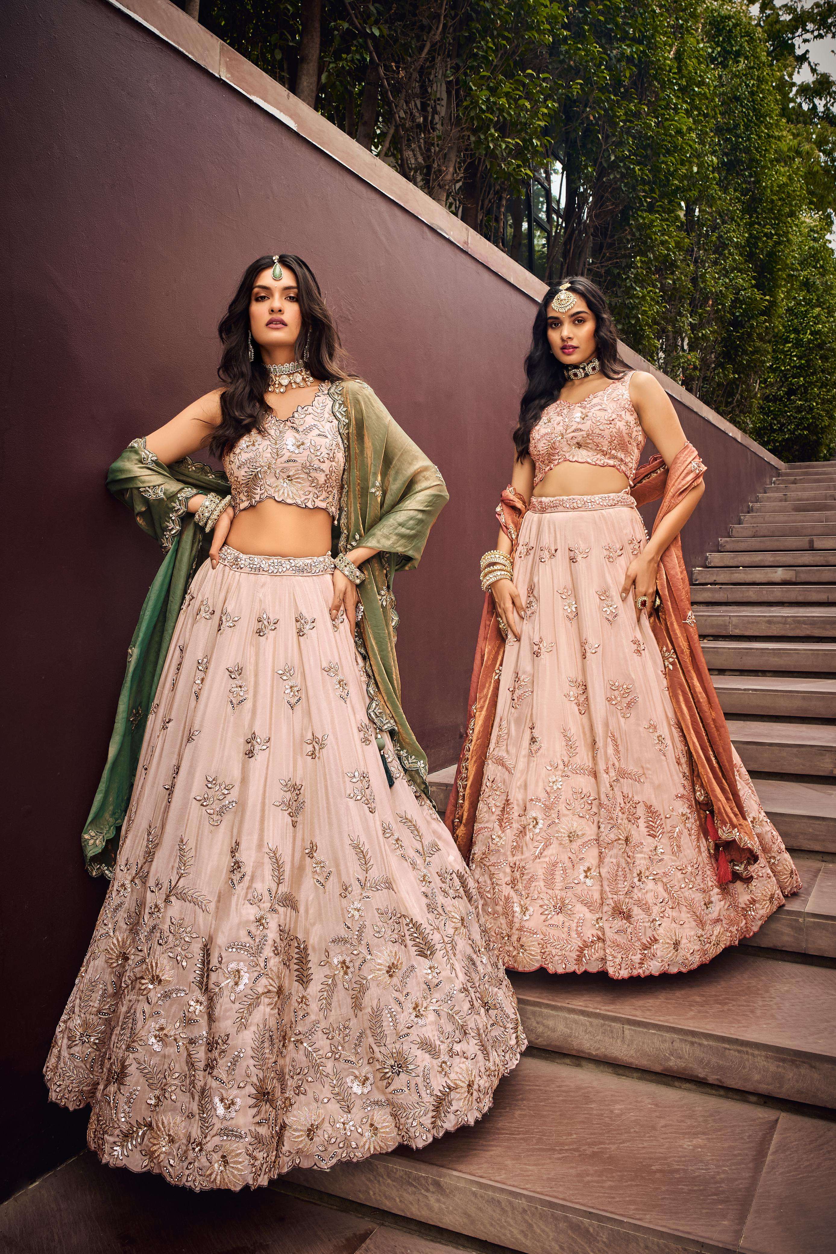Beige Green Golden Color Lehenga collection manufacturer surat 