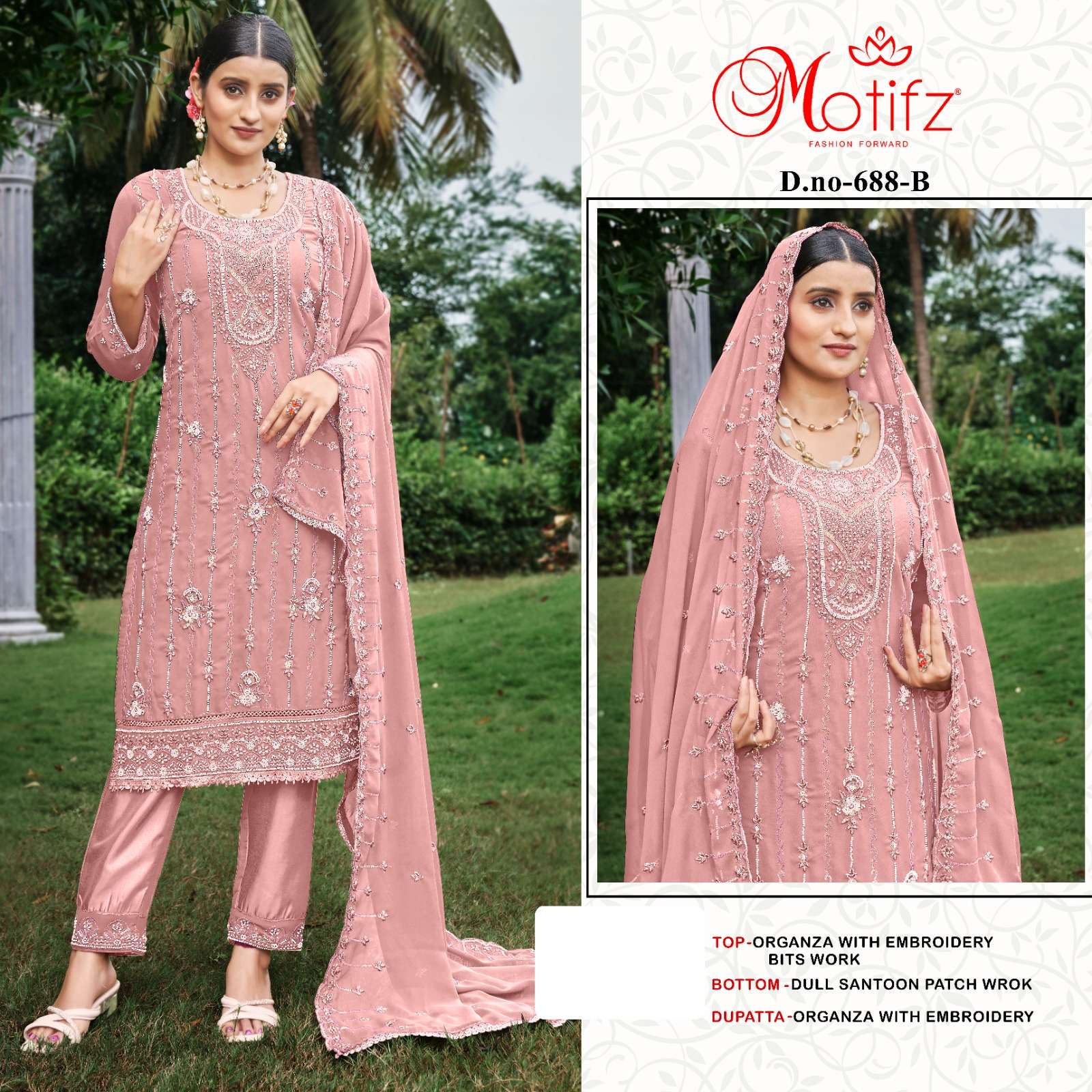 Design no 688 by Motifz Organza suit collection manufacturer surat 