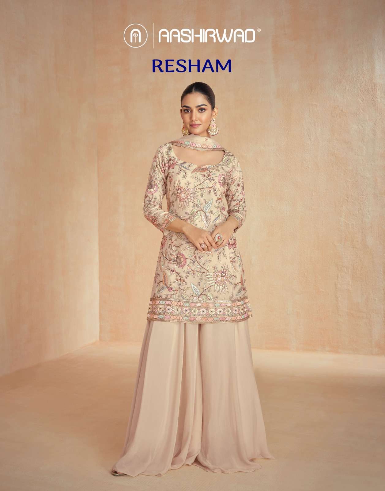 RESHAM by AASHIRWAD CREATION CHINNON SILK PLAZZO suit collection manufacturer surat 