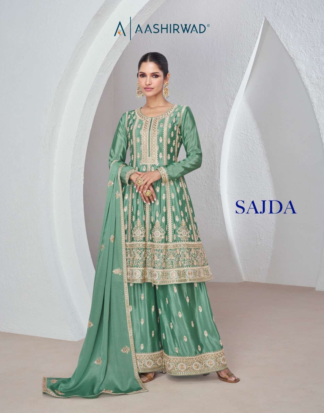 SAJDA by AASHIRWAD CREATION CHINNON SILK PLAZZO suit collection manufacturer surat 
