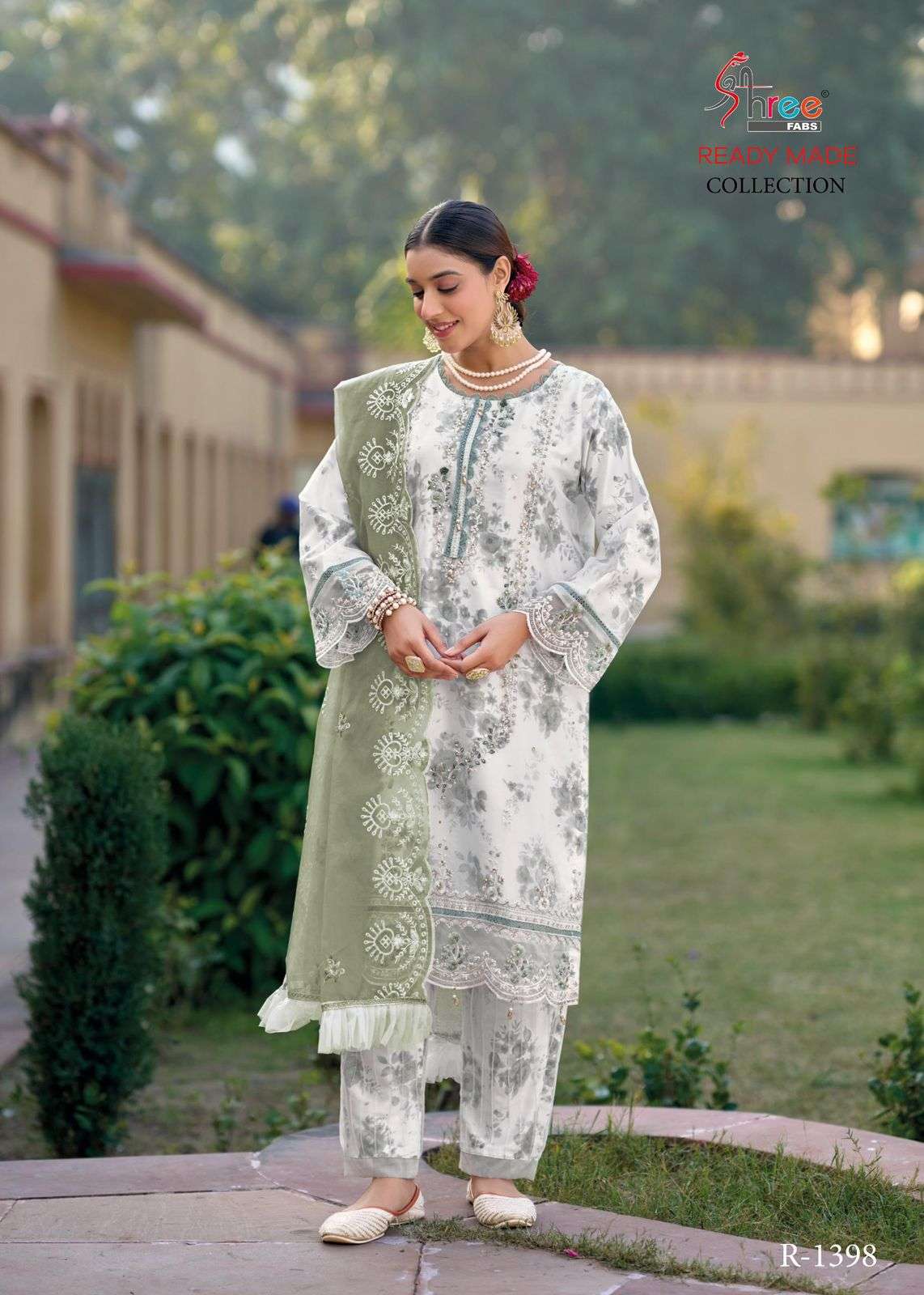 SR1398 by shree fab readymade organza suit collection manufacturer surat 