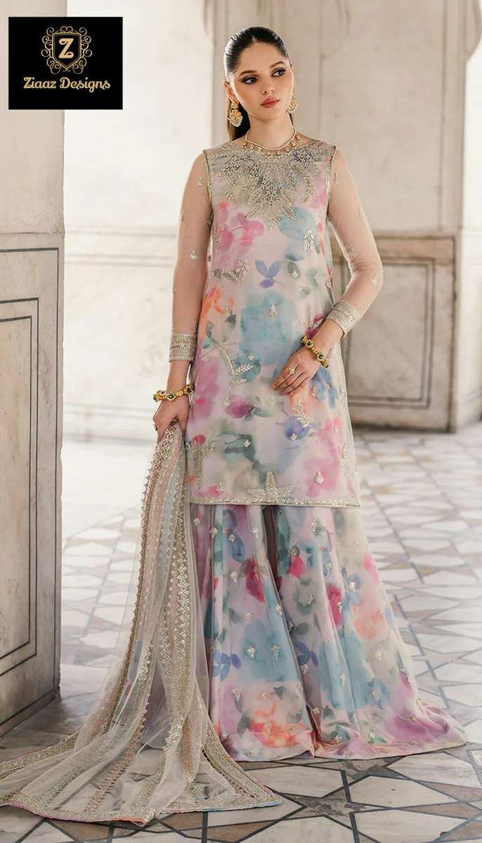 code 707 by Ziaaz Designs Organza suit collection manufacturer surat 