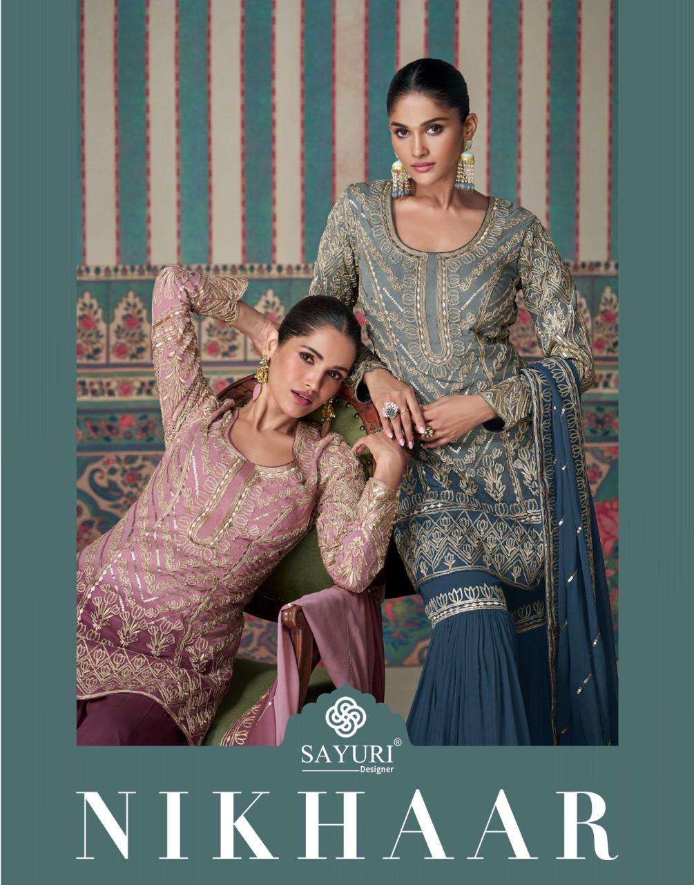 NIKHAAR by SAYURI DESIGNER REAL GEROGETTE GHARARA suit collection manufacturer surat 