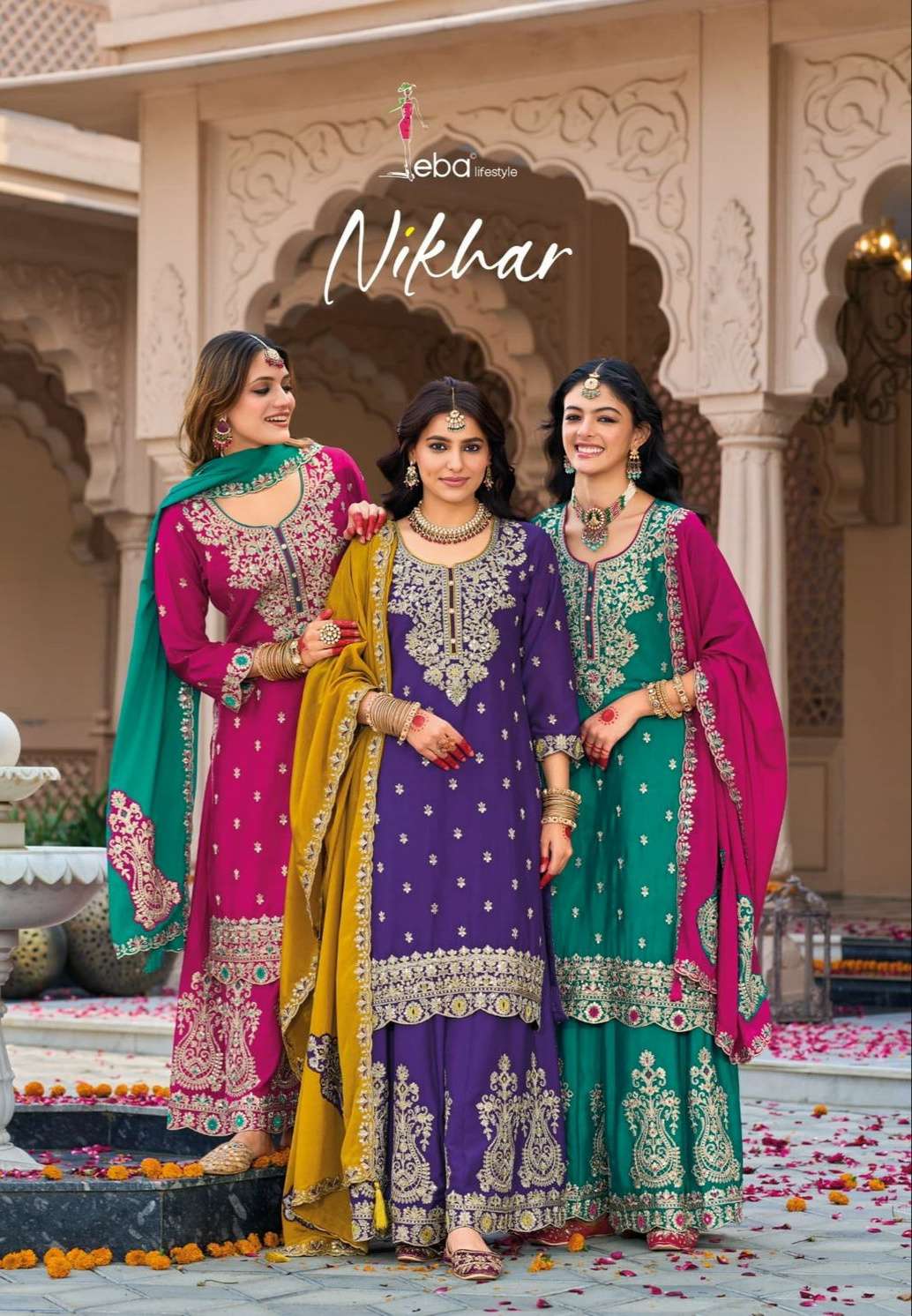 Nikhar by eba lifestyle  hevey Chinon suit collection manufacturer surat 