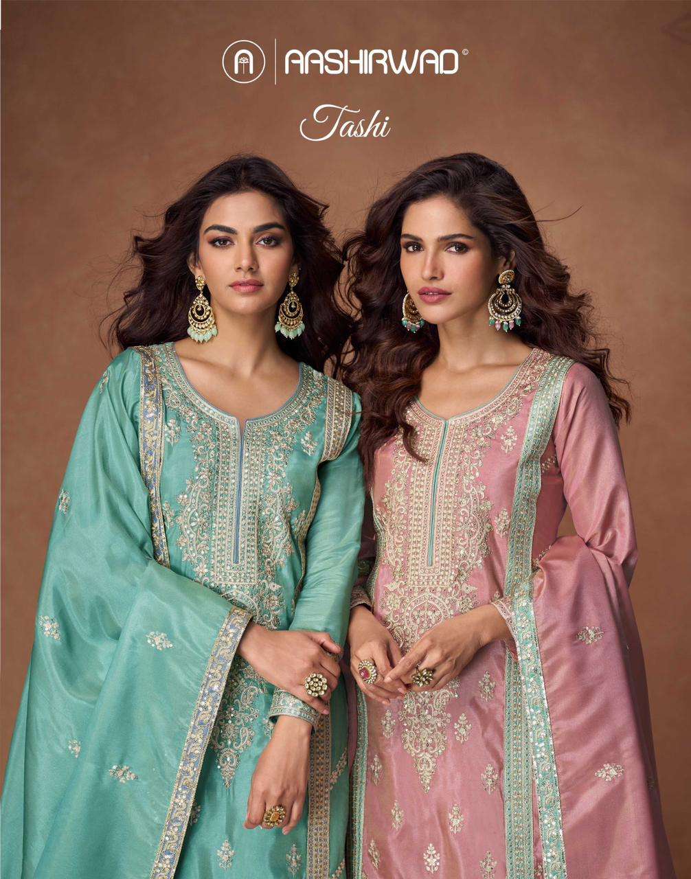 TASHI by AASHIRWAD CREATION ORGANZA SIMAR silk suit collection manufacturer surat 