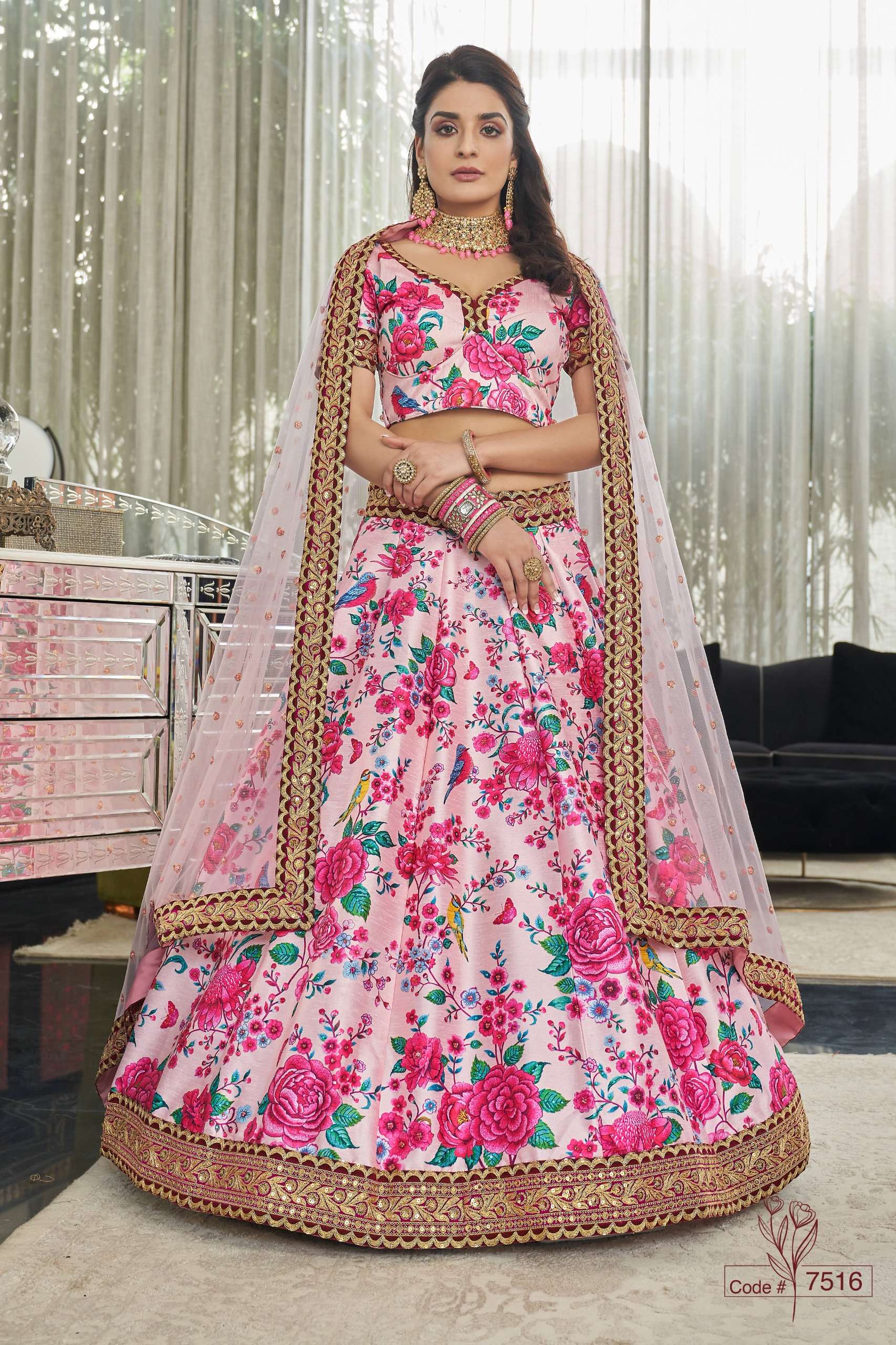 CODE 7516 A Modern Floral  Art silk lehenga choli collection manufacturer surat 