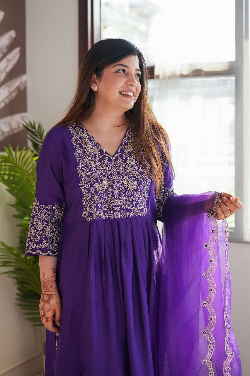 DHUSANDHYA Viscose Chanderi Purple kurti collection manufacturer surat 