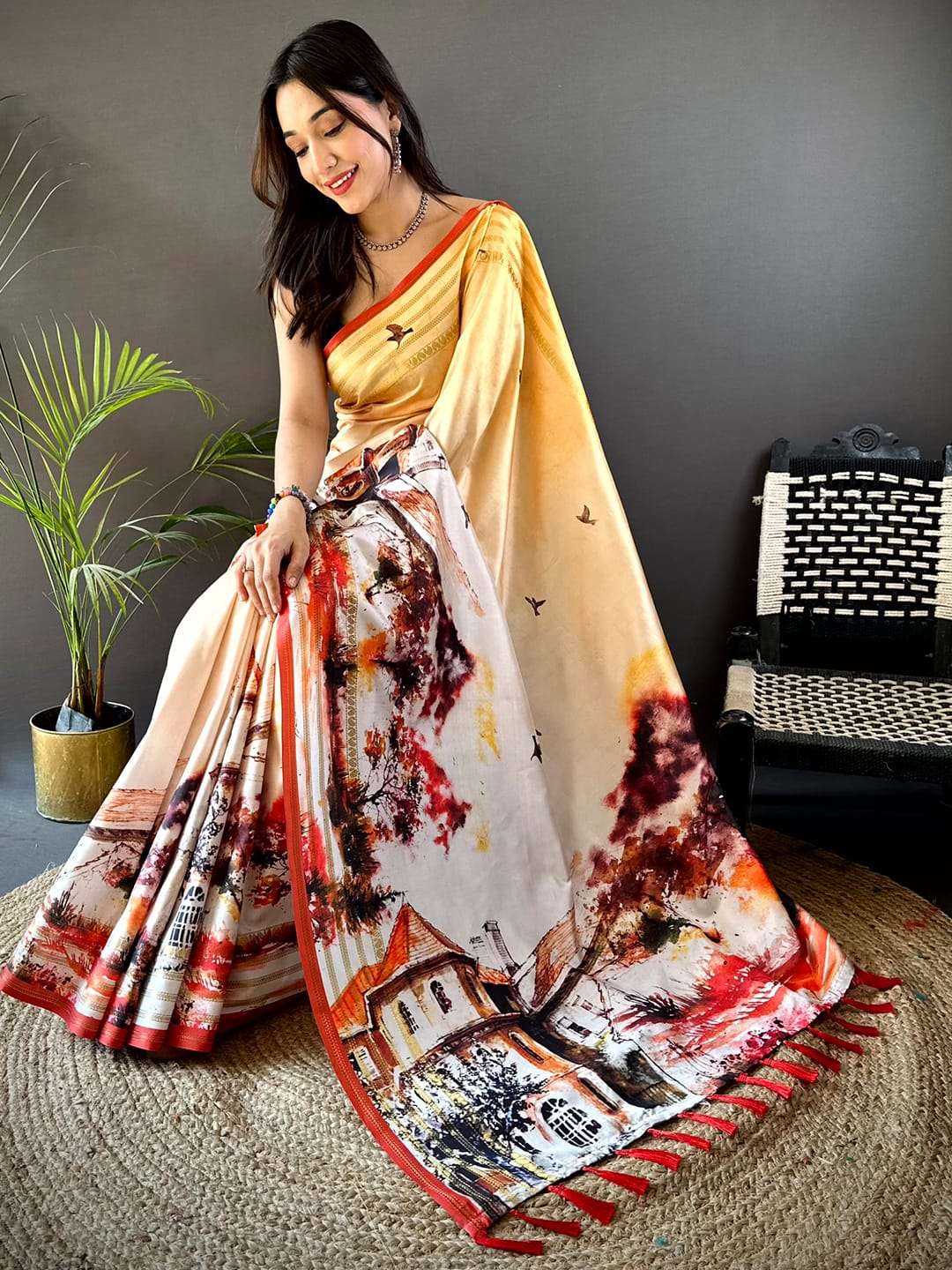 Japanese Freehand digital print Soft Silk Saree collection manufacturer surat