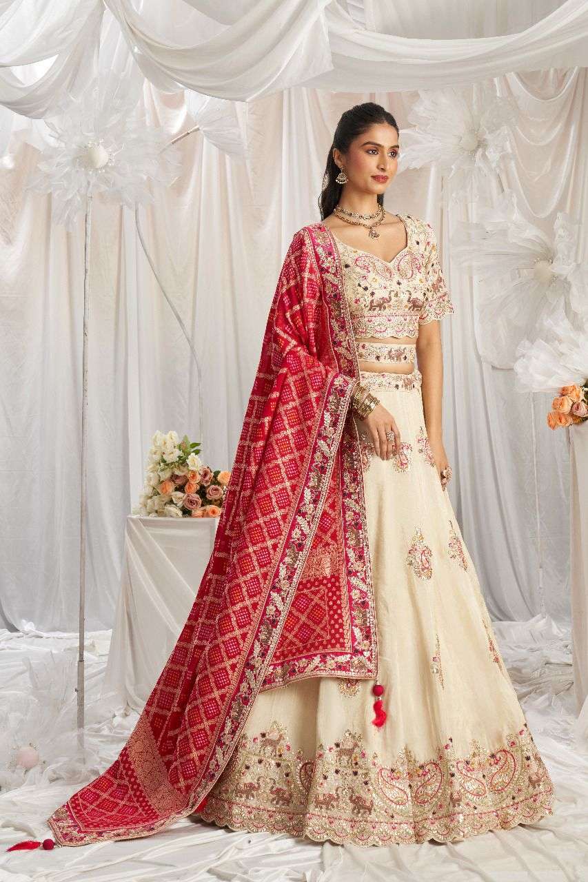 Adorn Craft 6055  Pink Red Cream golden tissue Lehenga Choli  Dupatta collection manufacturer surat 