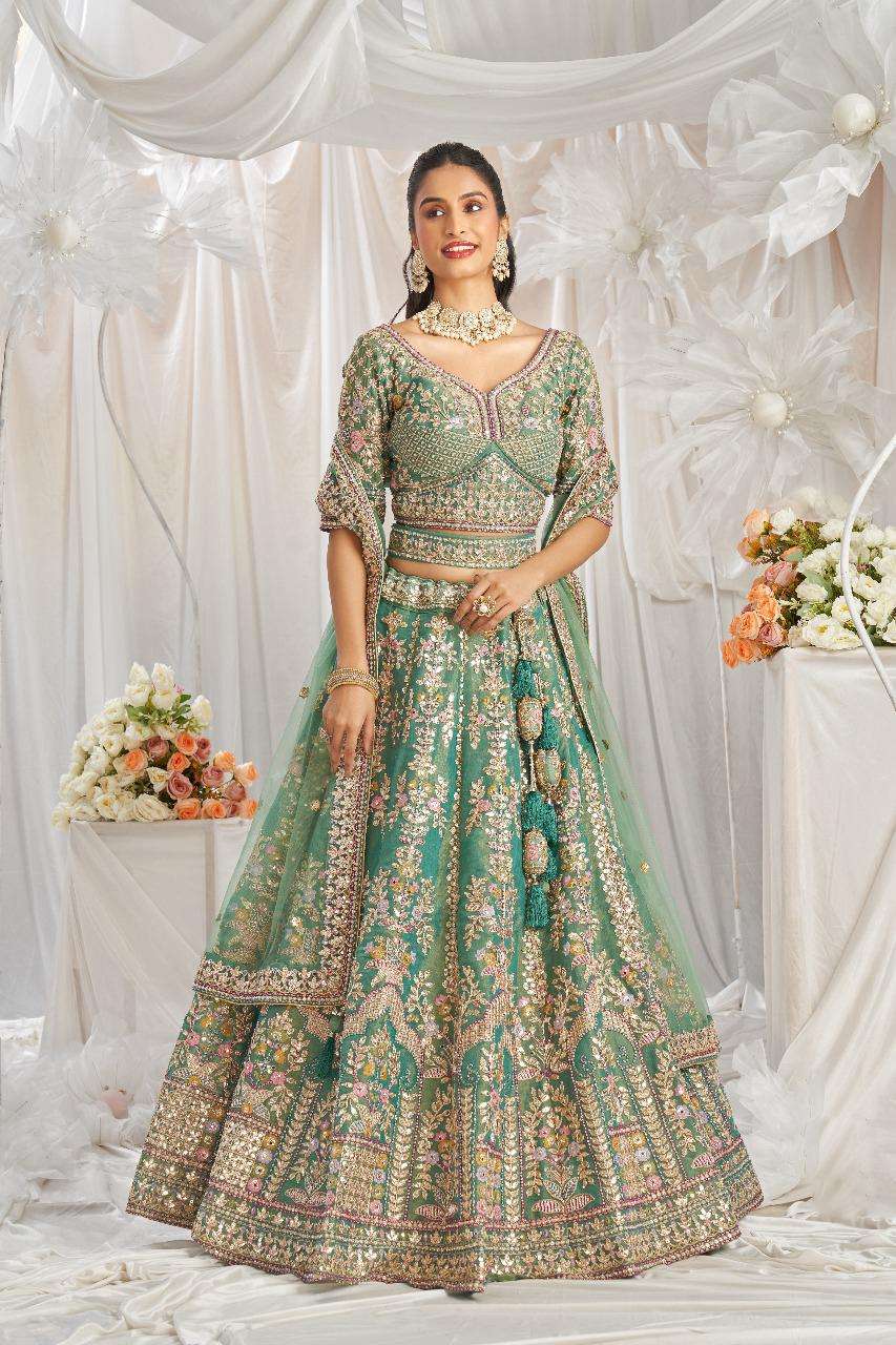 Adorn Craft 6061 Rose Gold Sea Green Net lehenga choli collection manufacturer surat 