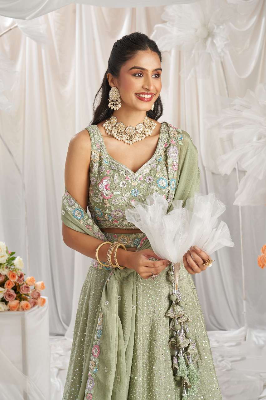 Adorn Craft 6067 Colour Lime Green Pure Chiffon Lehenga choli collection manufacturer surat 