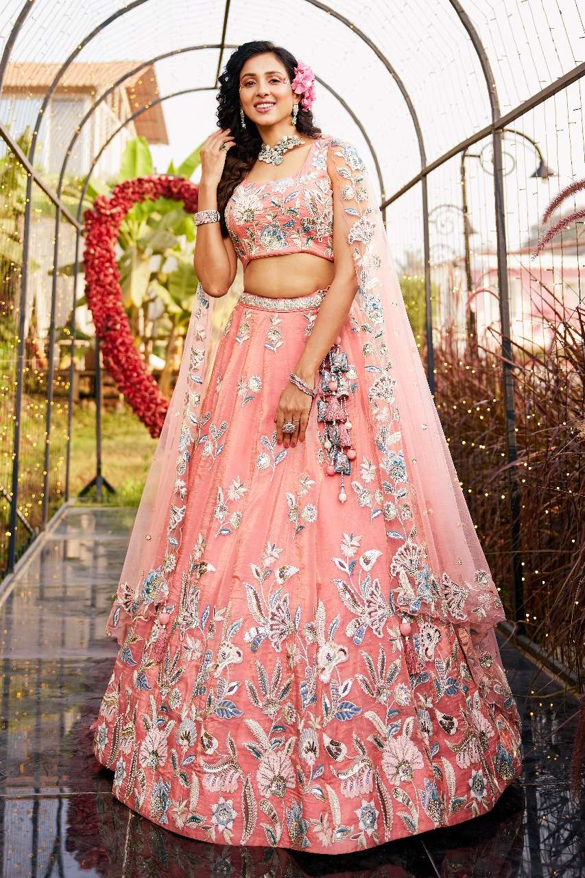 ADORN CRAFT 6107 ORANGE net lehenga choli collection manufacturer surat 