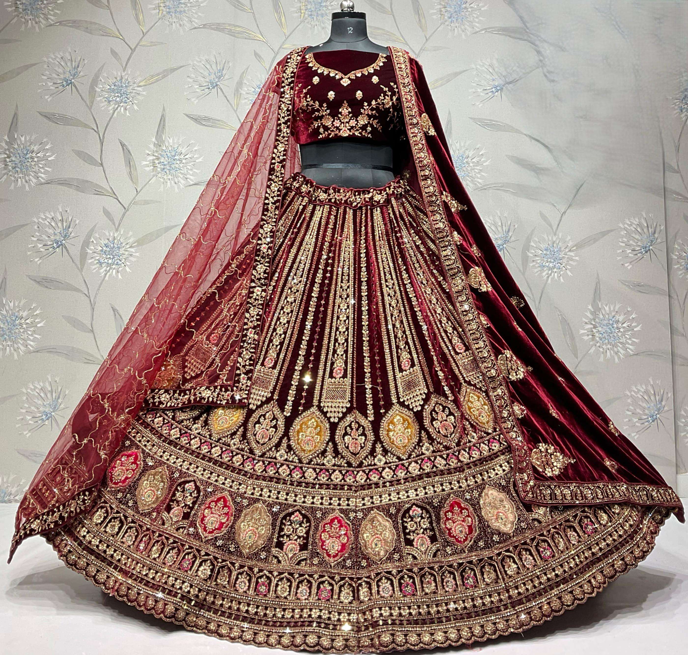 Adorn Craft bridal wear 1colour rani,dark maroon light maroon premium velvet lehenga choli collectio...
