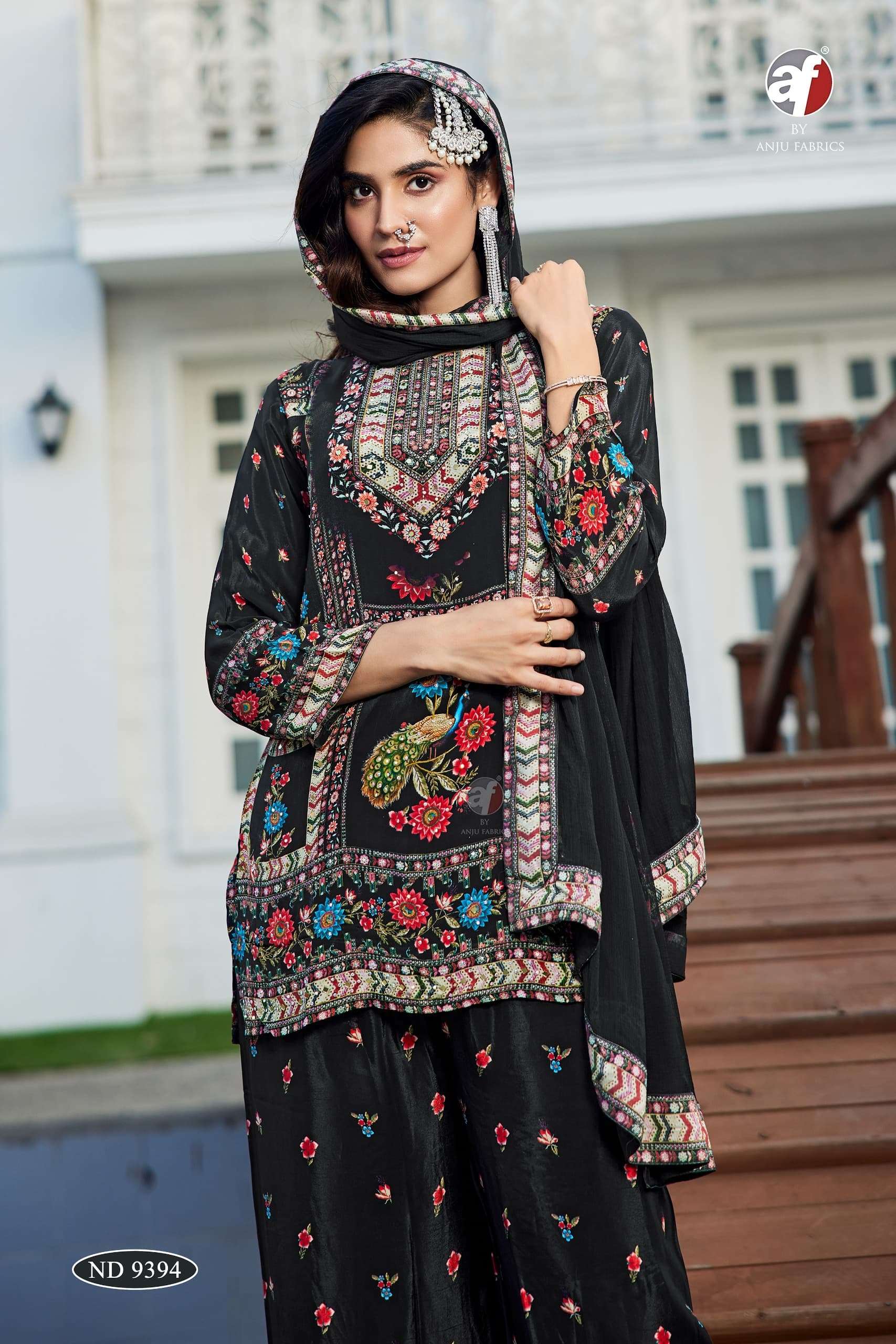 D NO ND 9394 by anju fabric CREPE SHORT KURTI WITH PALAZZO  DUPATTA collection manufacturer surat 