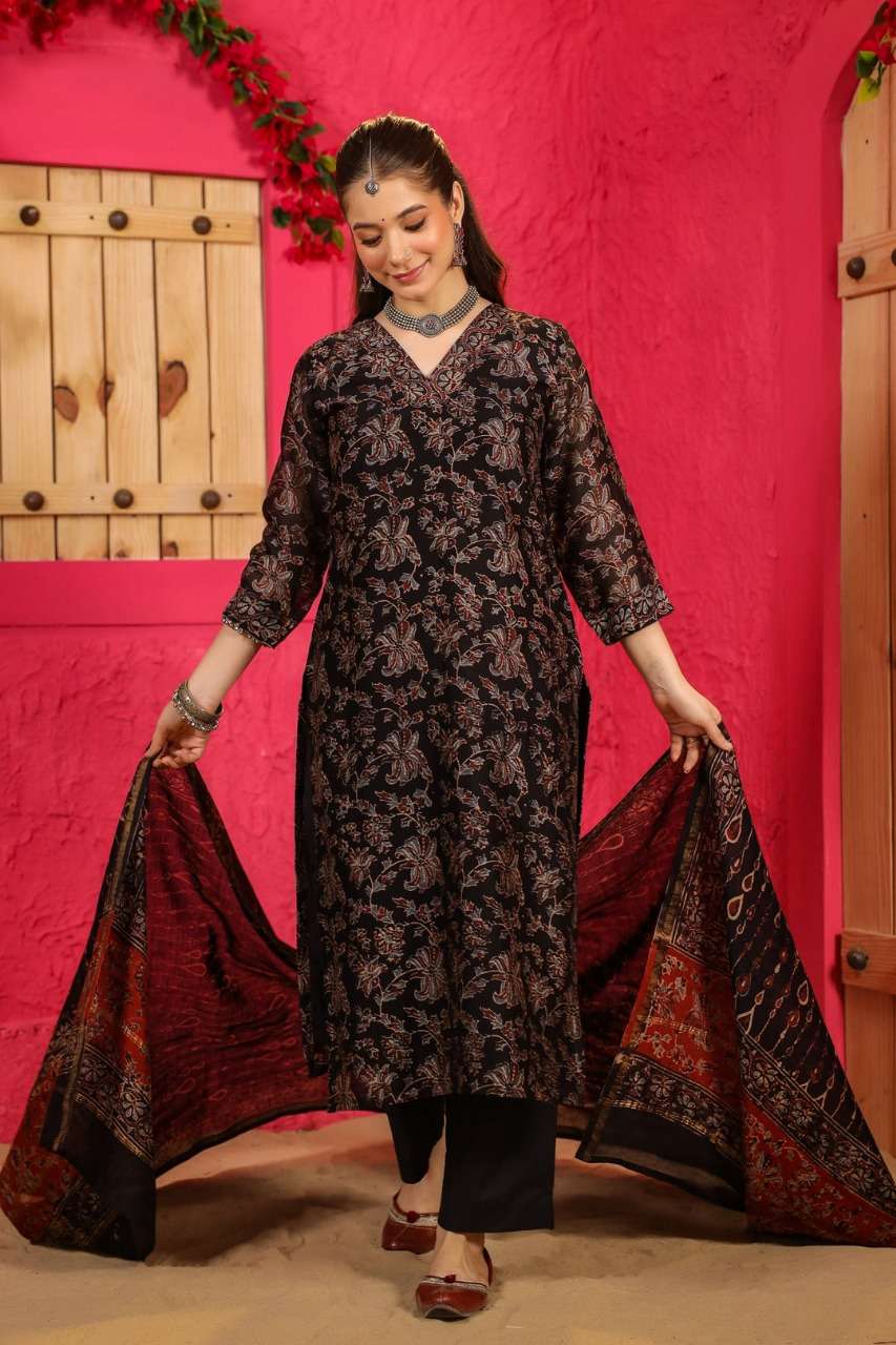 sku SP244  Slub Black Flower Print Kurti collection manufacturer surat 