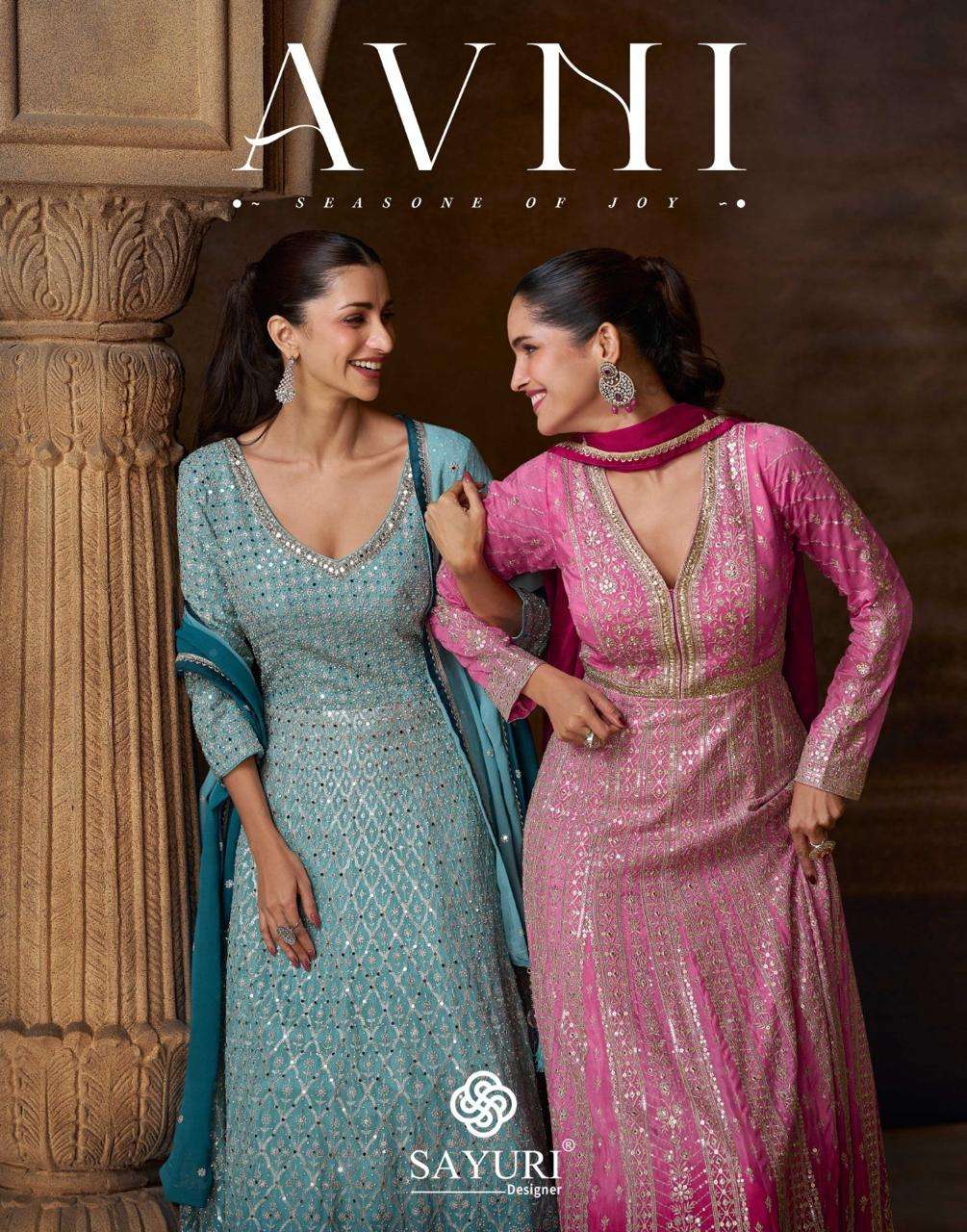 AVNI by SAYURI DESIGNER CHINON SILK gown collection manufacturer surat 
