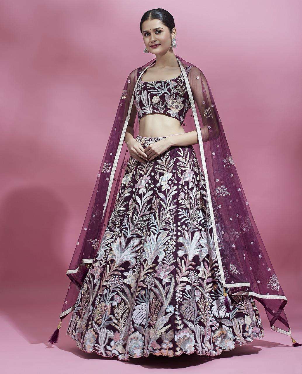 Burgundy colour net Lehenga choli collection manufacturer surat 