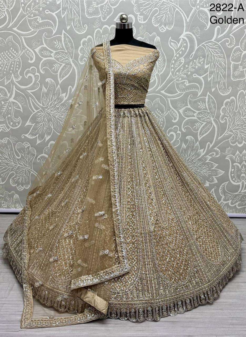 Code 2822 Golden Heavy Net Reception wear Designer lehenga choli collection manufacturer surat   