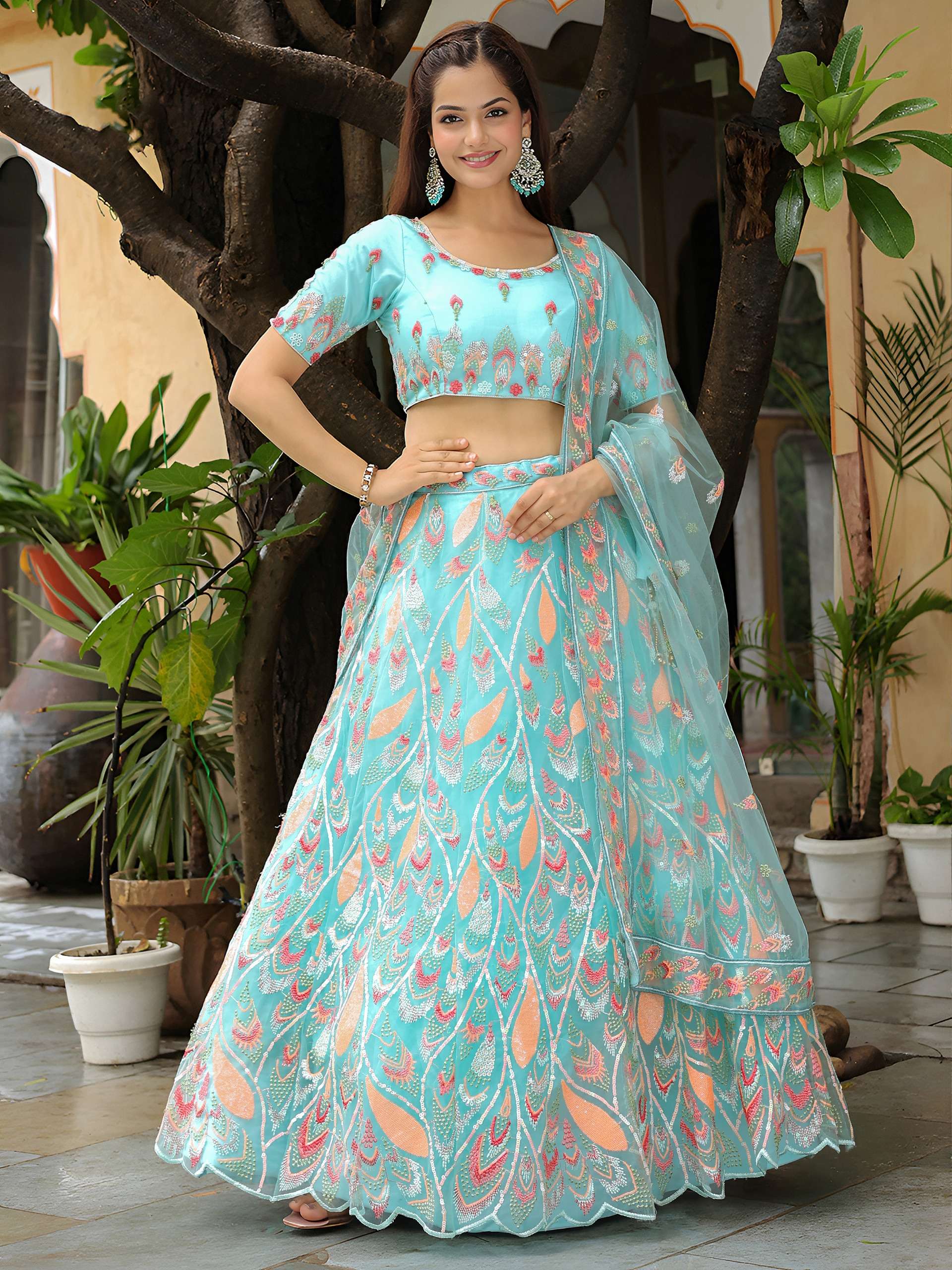 16012 Sky Blue Soft Net lehenga collection manufacturer Surat