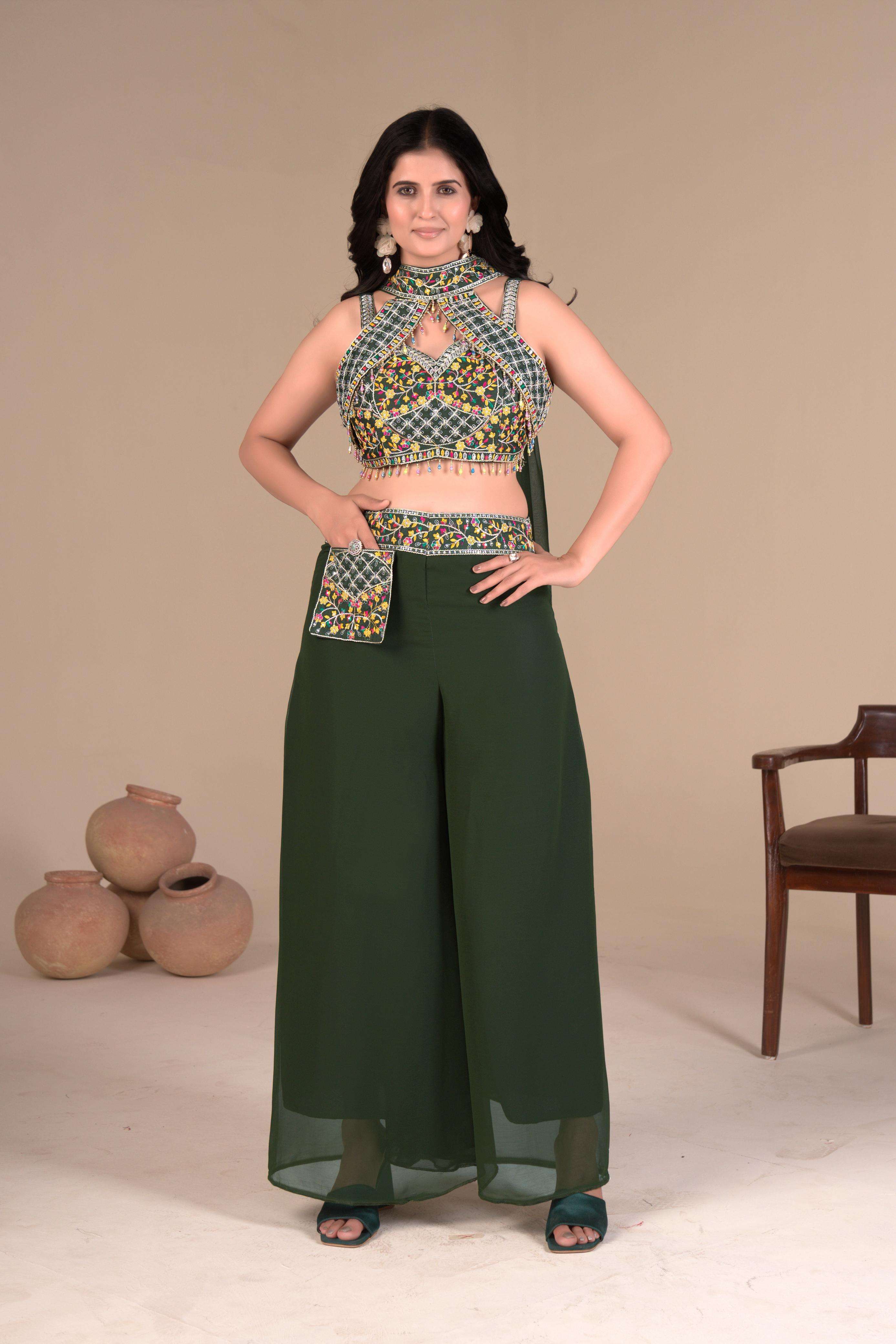 Green Palazzo Blouse fancy suit collection manufacturer Surat 