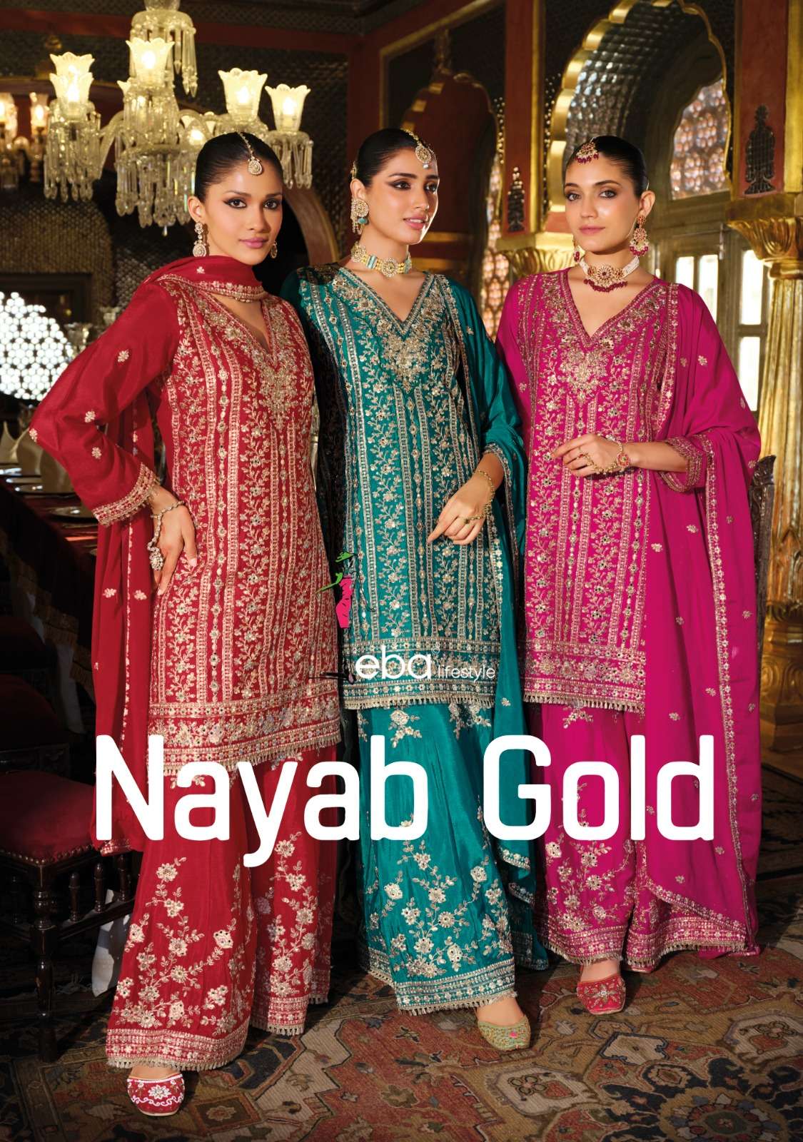 Nayab gold by EBA LIFESTYLE hevey Chinon suit collection manufacturer Surat 
