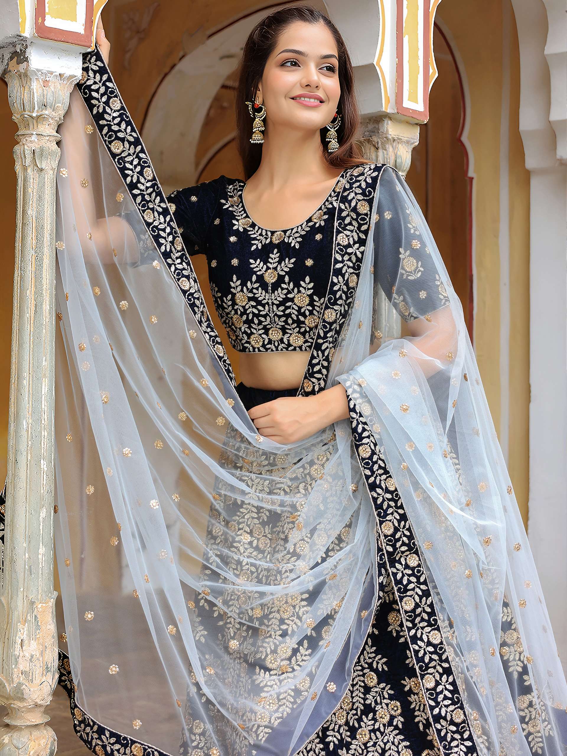 Product Code 17707 Navy Blue Velvet lehenga collection manufacturer Surat 