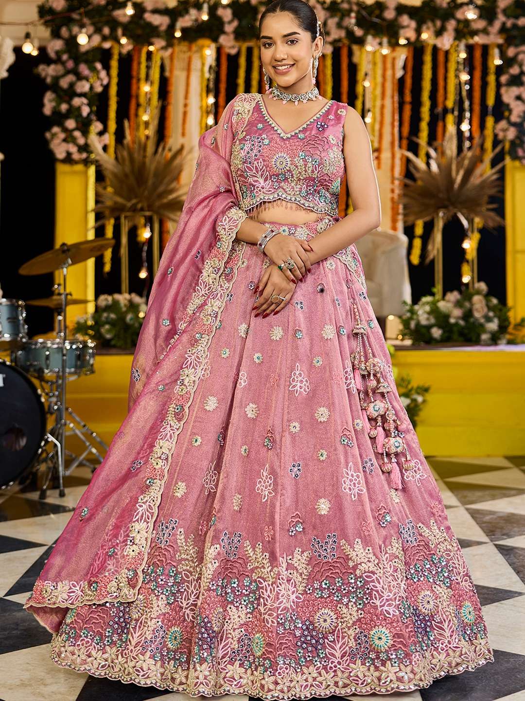 ADORN CRAFT 6176 LIMEGREEN AND PINK READYMADE lehenga collection manufacturer Surat 
