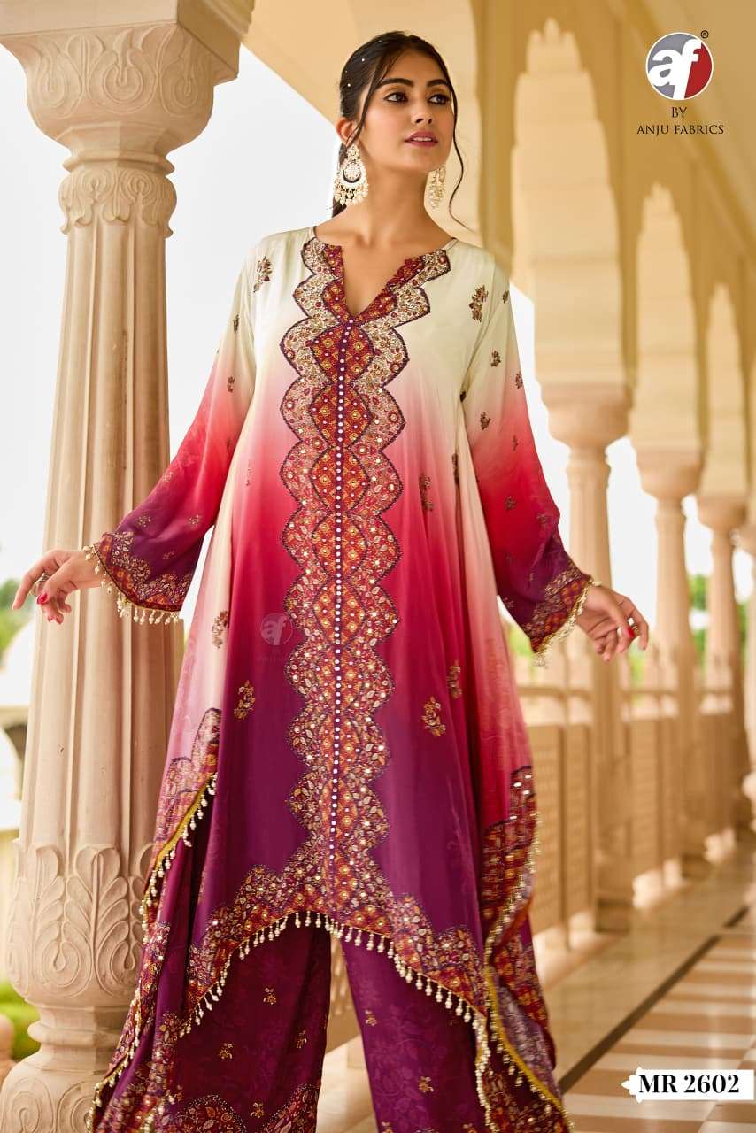 Design No MR 2601 MR 2602 by Anju fabric Designer Kaftan with Wide Pant kurti collection manufacture...