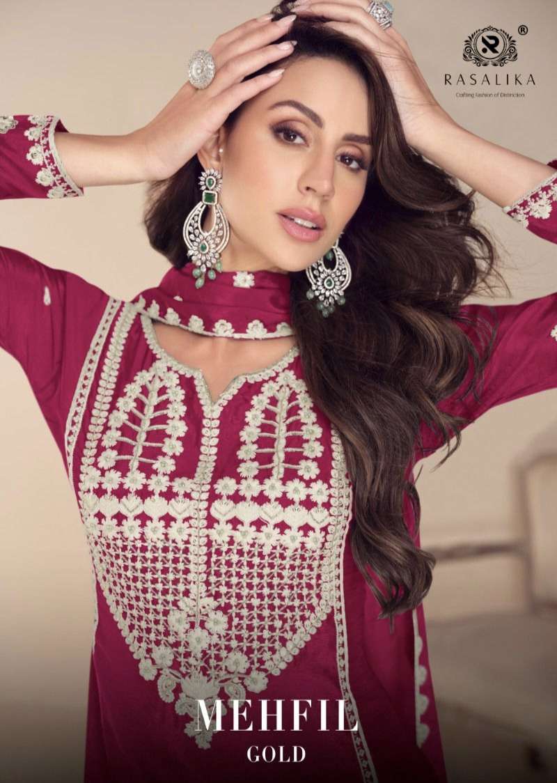 MEHFIL GOLD by RASALIKA Real Chinnon Silk  suit collection manufacturer Surat 