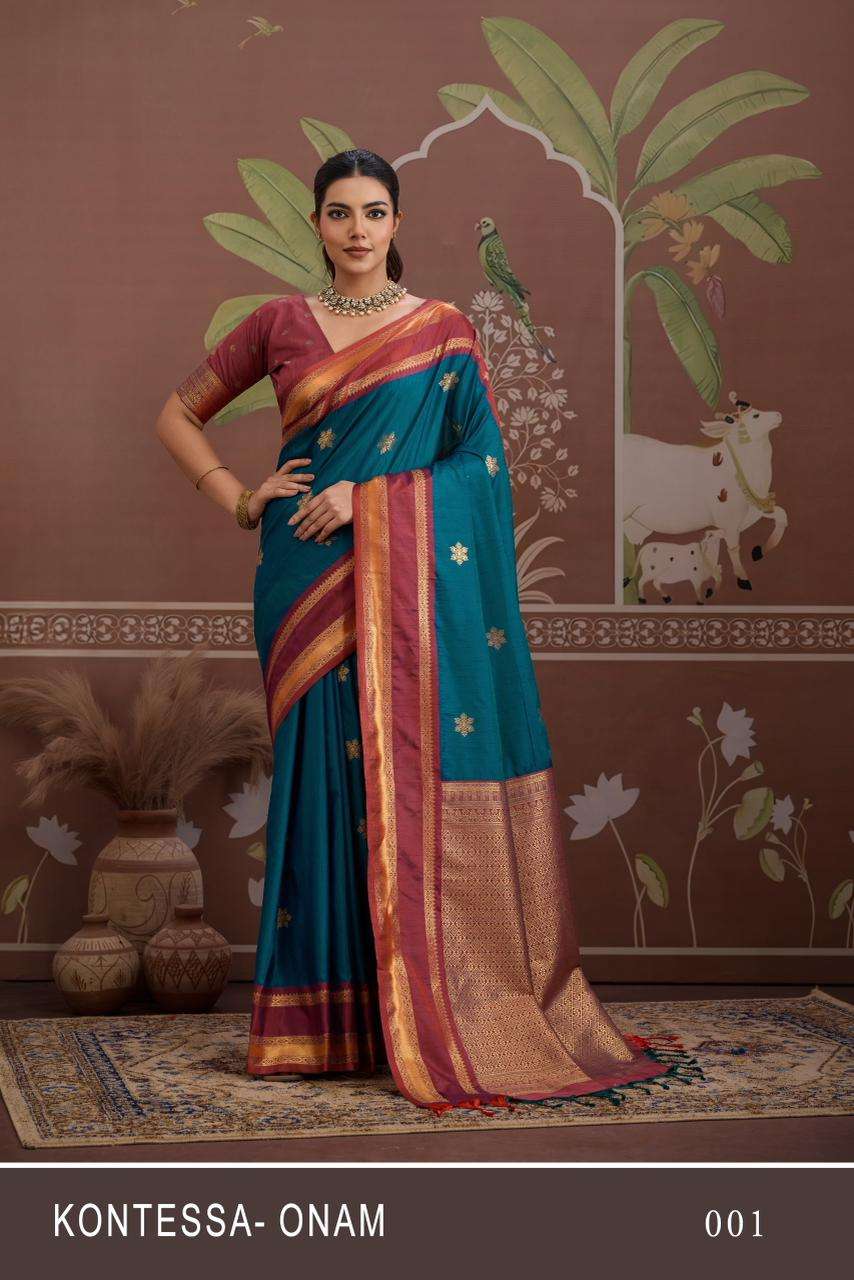 Kontessa Onam Series 001 TO 006 rajtax saree collection manufacturer Surat 