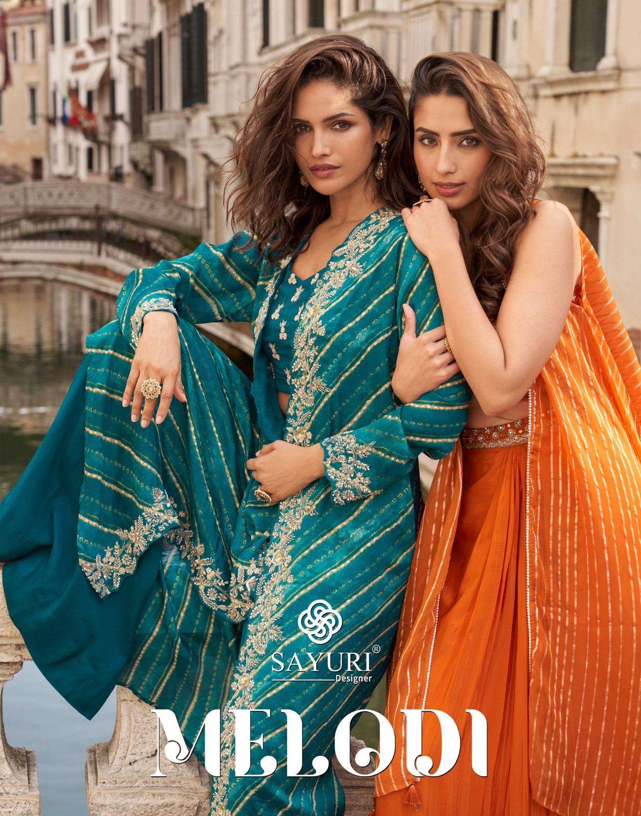 MELODI by SAYURI DESIGNER CHINON SILK plazzo suit collection manufacturer Surat 