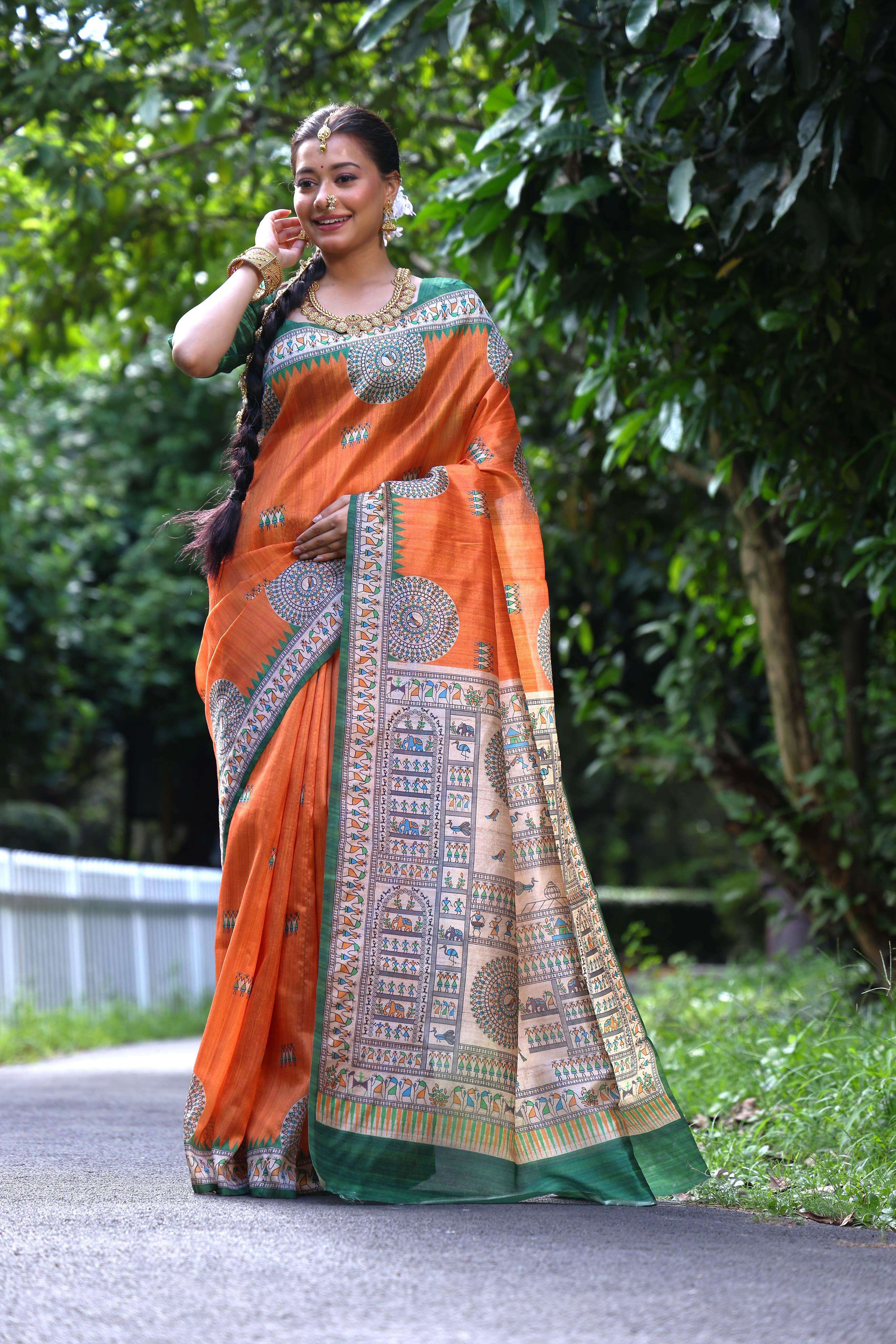 Kajal Kalamkari Soft Tussar Silk Saree with Madhubani & Warli Art