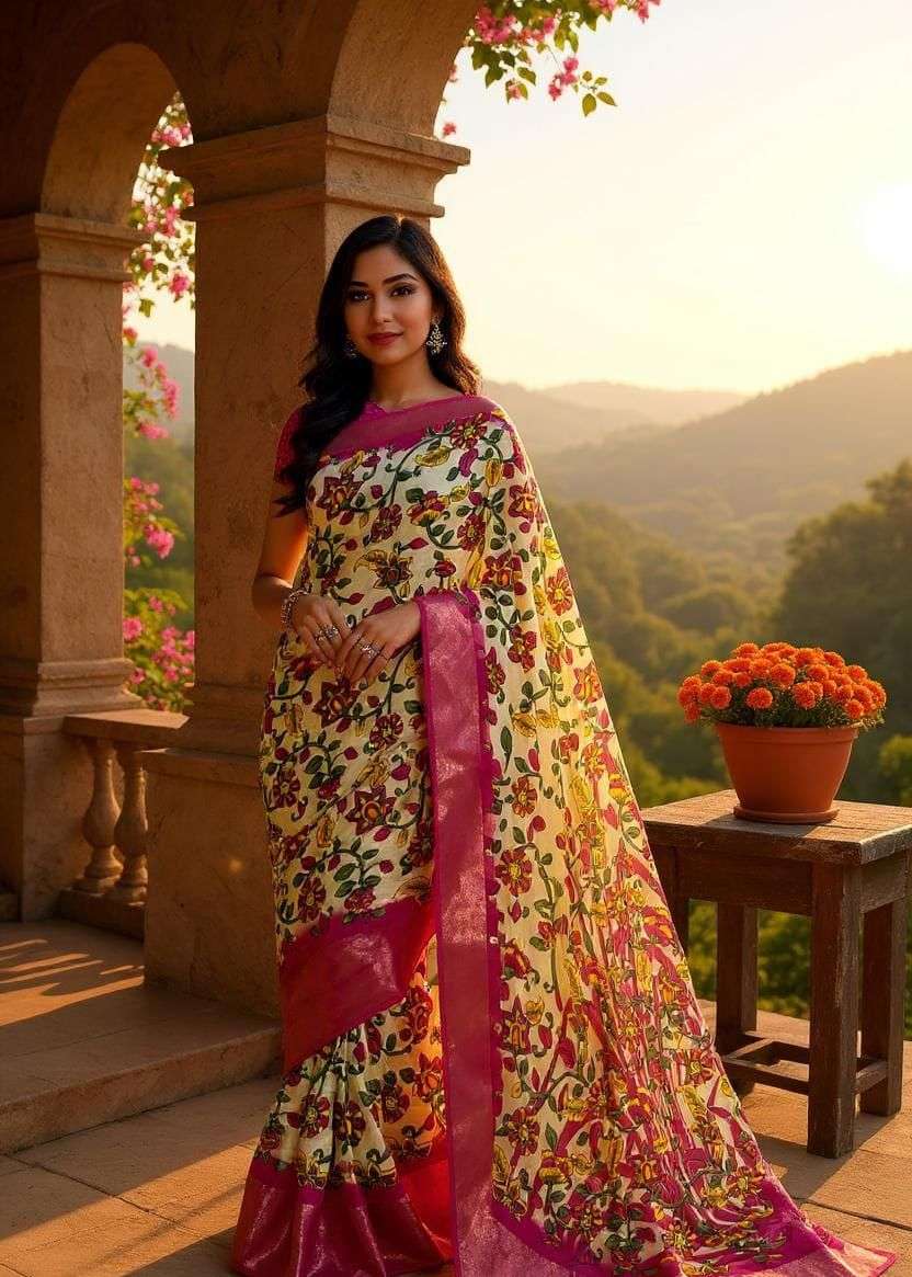 Lightweight Dola Floral Saree with Contrast Zari Border