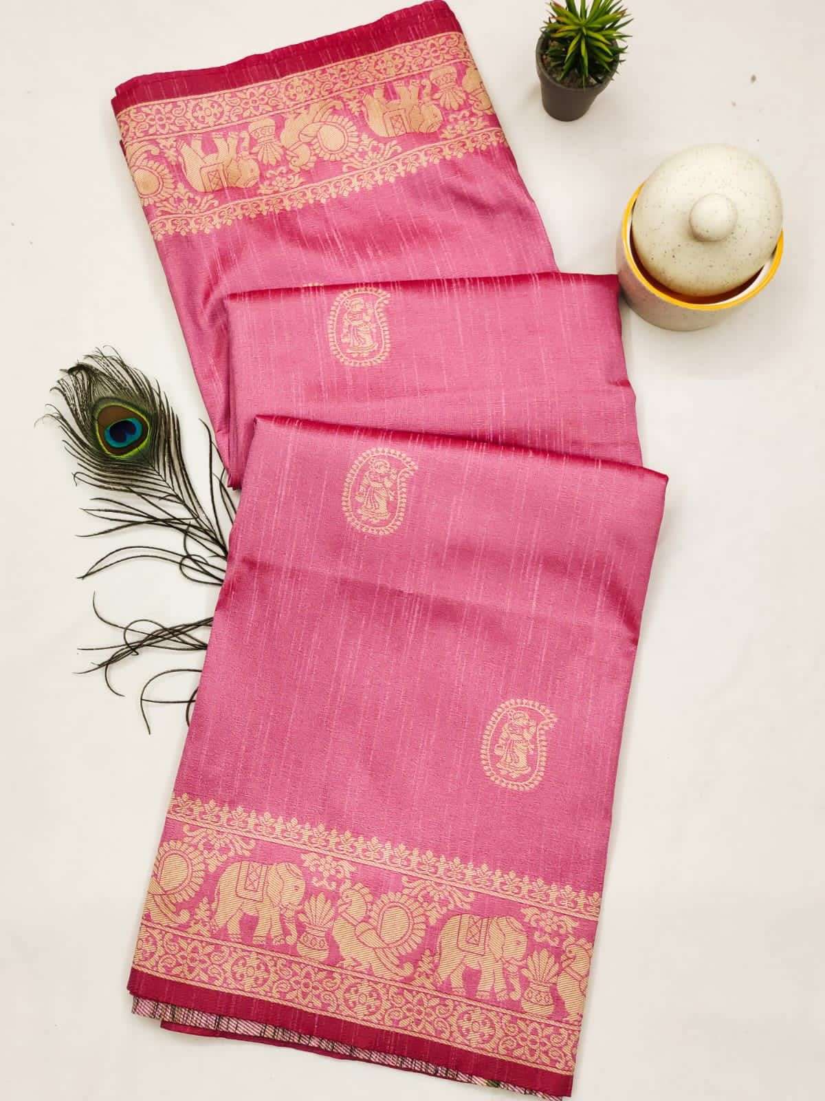 Rutrang🌹 Draping with Raw Silk – Soft Two-Tone Raw Silk Saree with Antique Weaving & Contrast P...