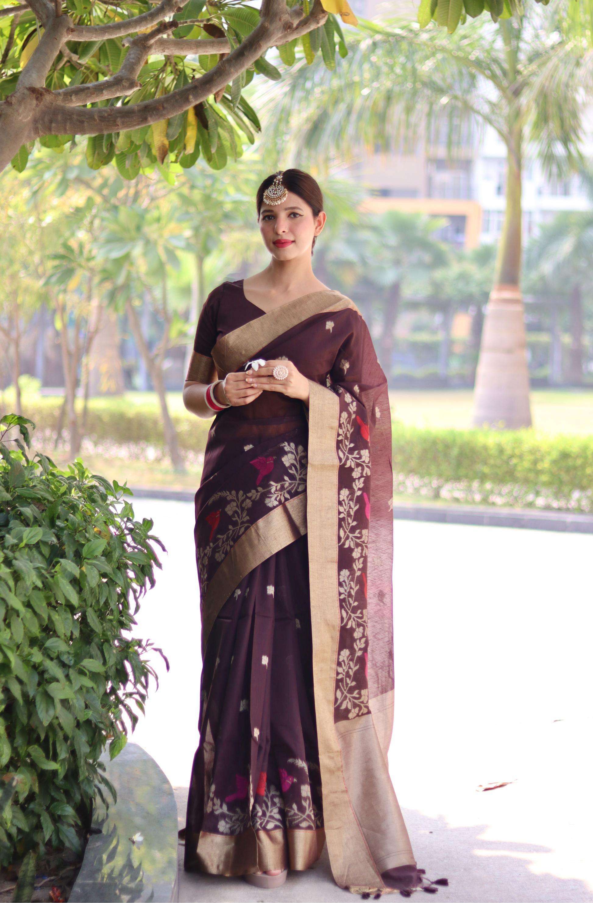 Rutrang🌹 Pure Linen Silk Saree with Traditional Jamdani Weaving Border & Zari Pallu