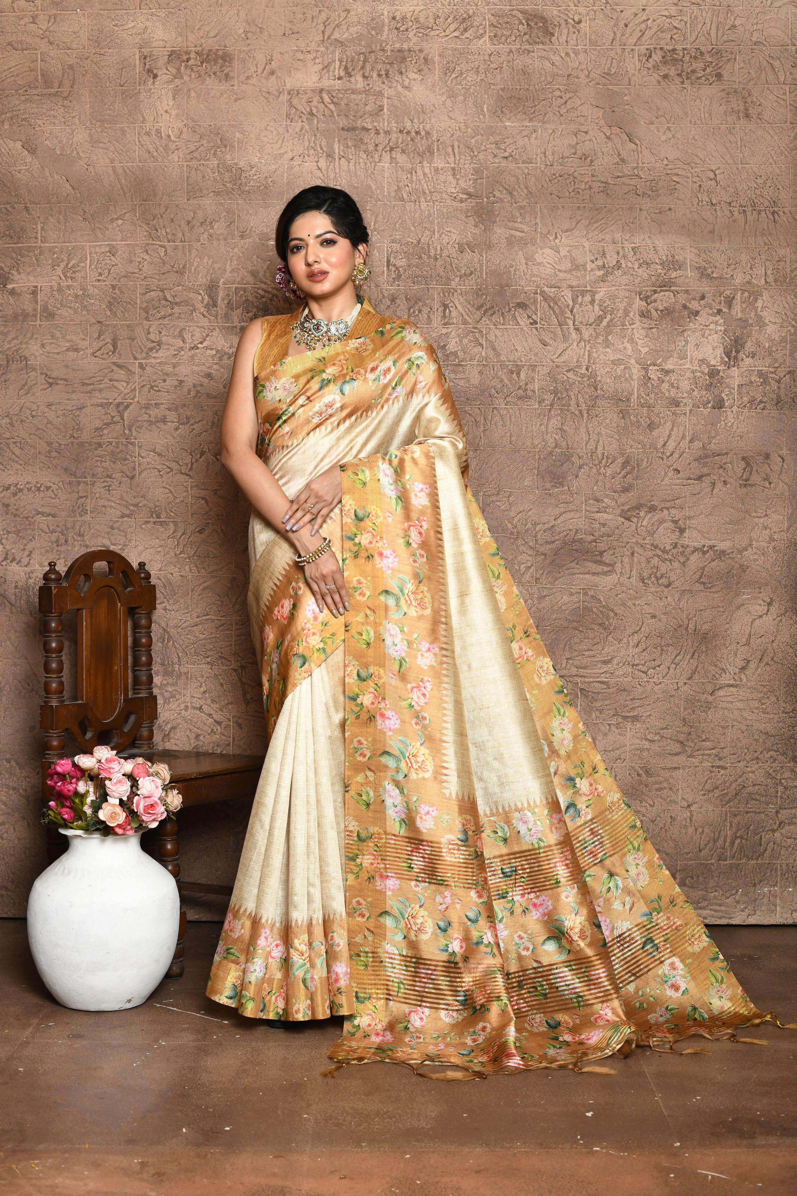 Rutrang🌹 SONAL FLOWER – Premium Soft Tussar Silk Printed Saree with Contrast Floral Pallu & Bor...
