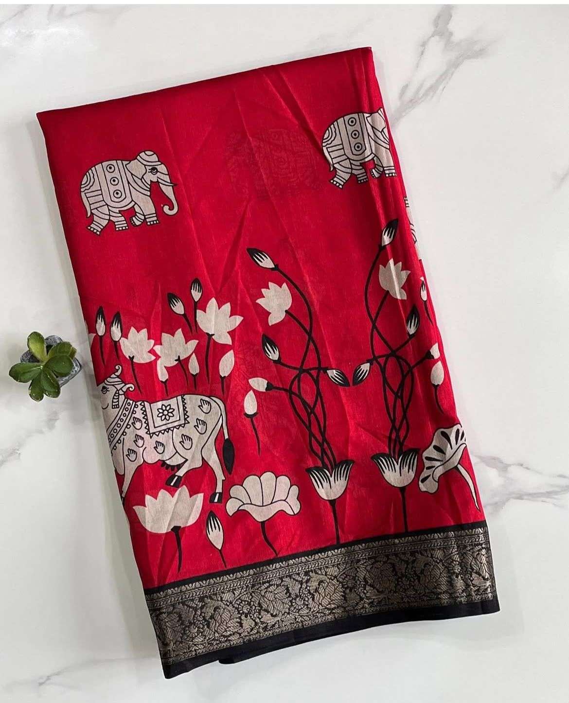 Cow & Elephant Mangalkari Saree with Kalamkari Pallu