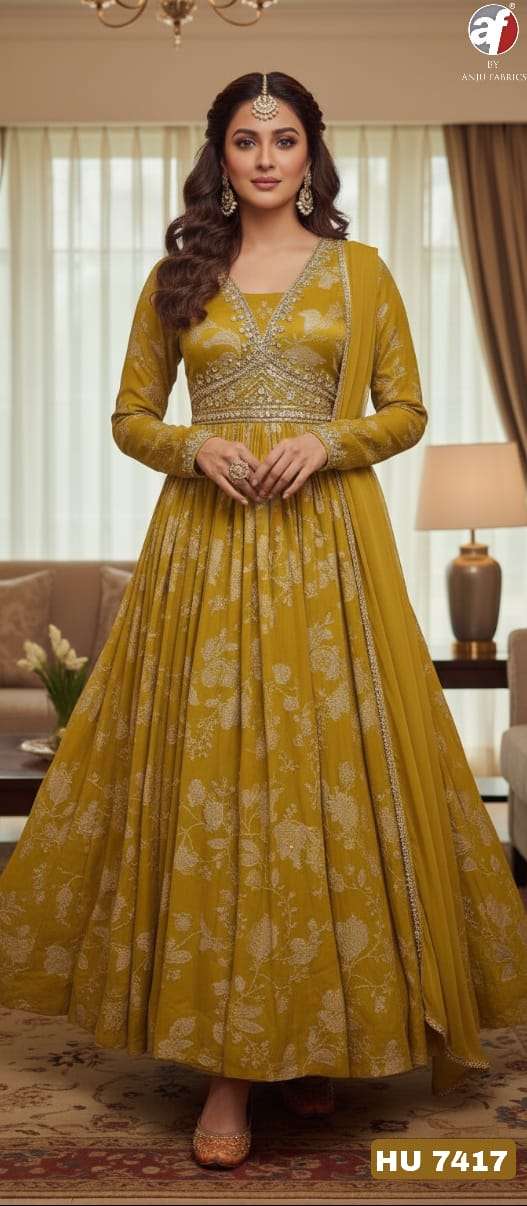 D NO HU 7415  7416  7417  7418 by Anju fabric GOWN WITH DUPATTA collection manufacturers surat 