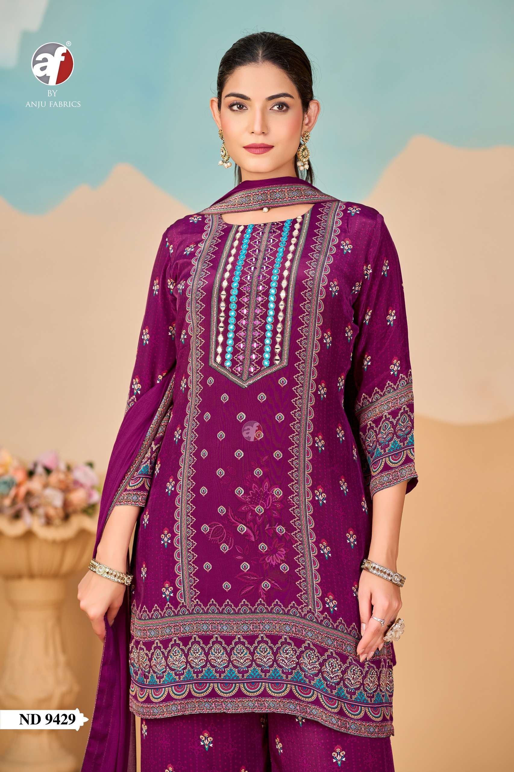 D NO ND 9422 9429 by Anju fabric SHORT KURTI PALAZZO DUPATTA collection manufacturers surat