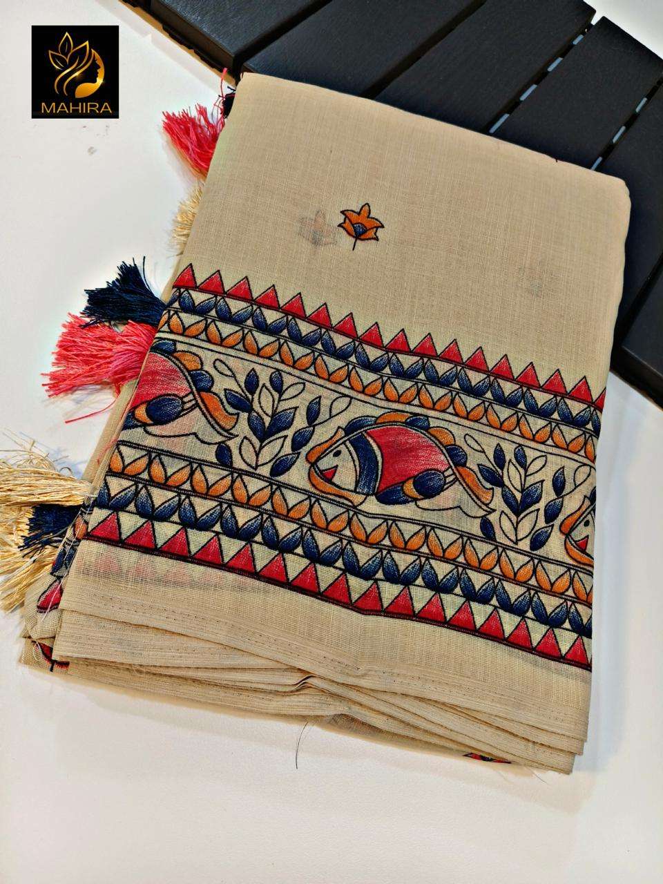 Elegant Linen Saree with Madhubani Prints & Abla Mirror Work