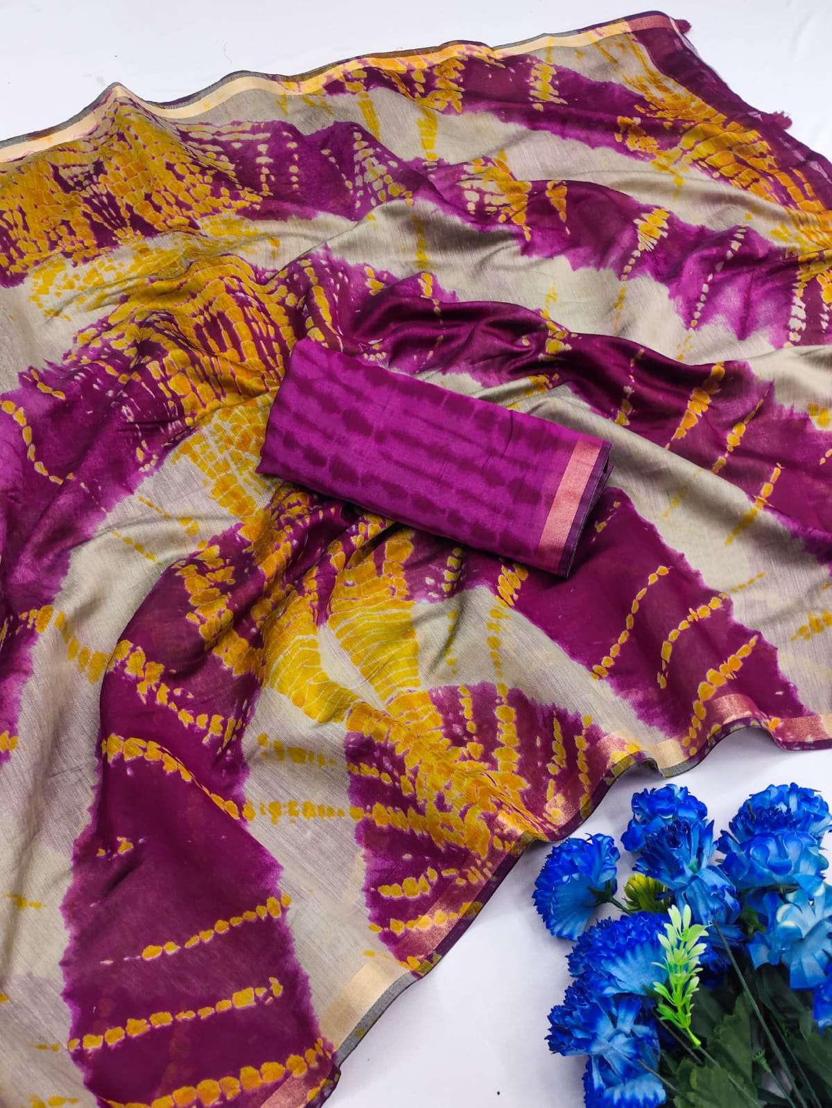  Graceful Soft Malai Cotton Leheriya Print Saree with Fancy Pallu