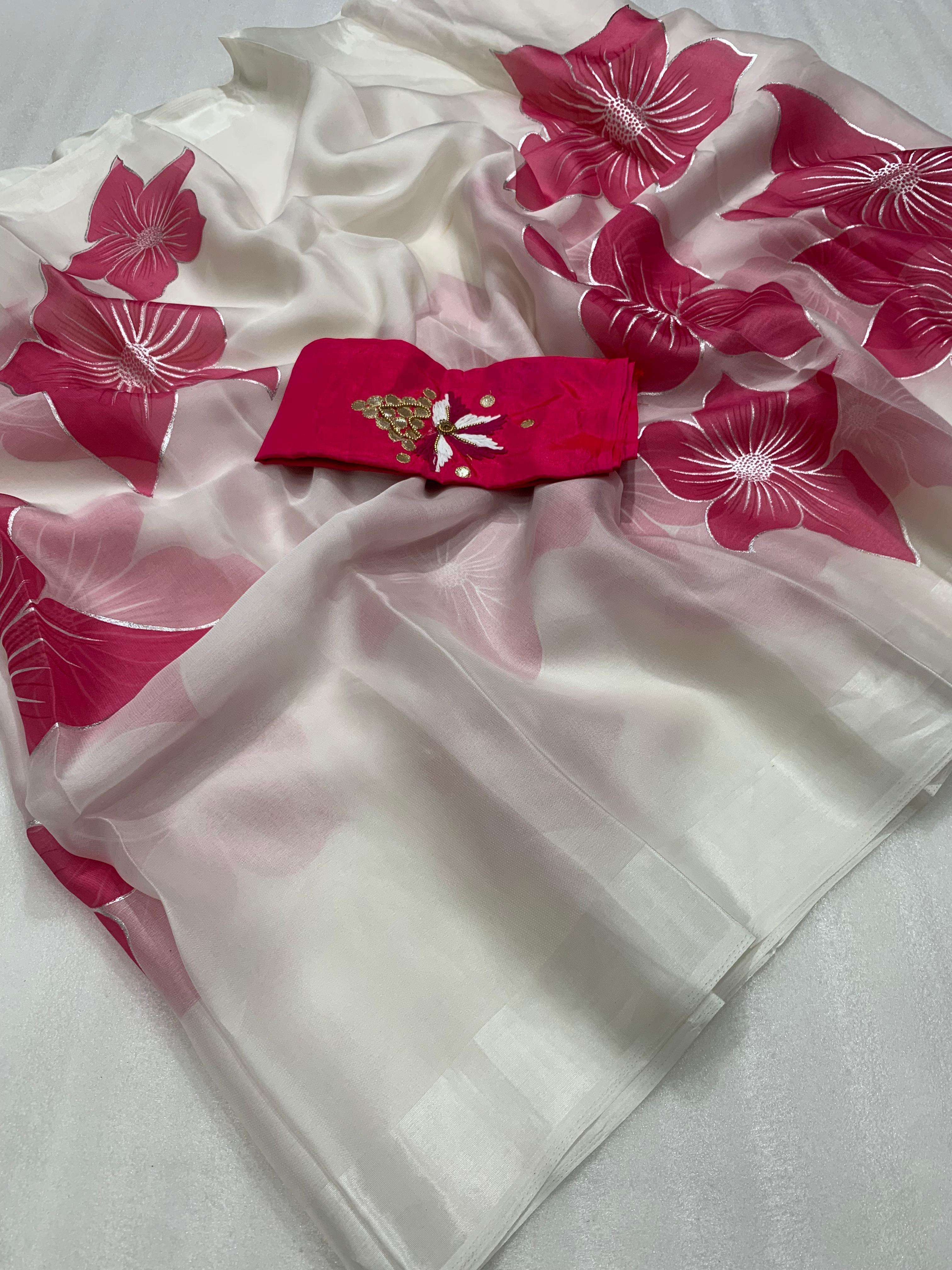 Pure Soft Organza Foil Print Saree with Designer Butti Blouse