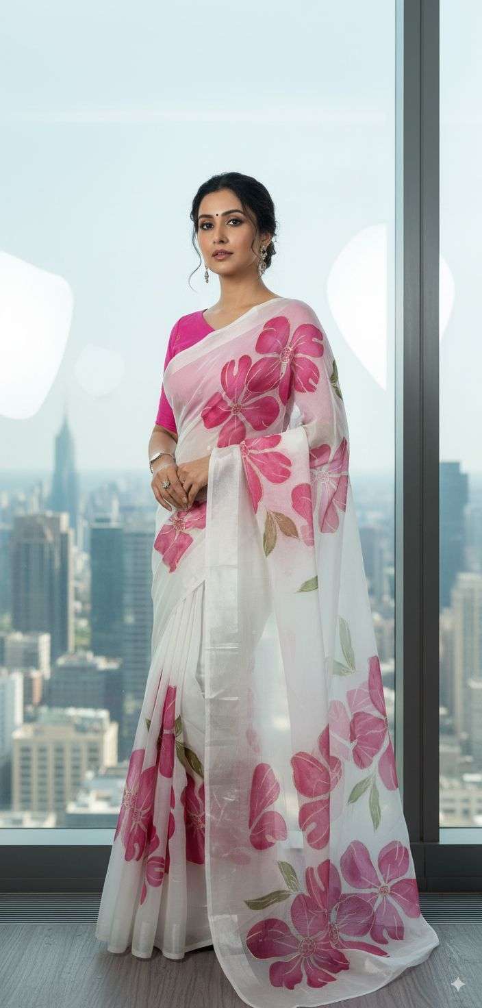 Pure Soft Organza Saree with Foil Outline Print & Designer Butti Blouse