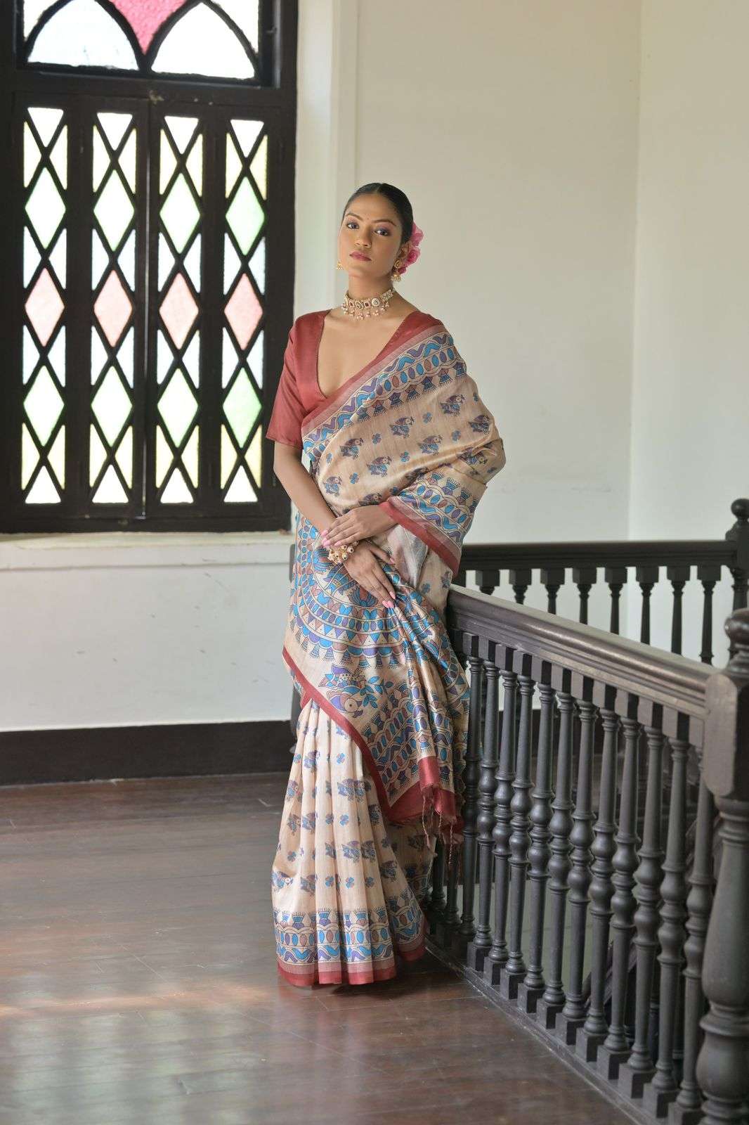 elegant Soft Tussar Silk Saree featuring exquisite Madhubani prints.