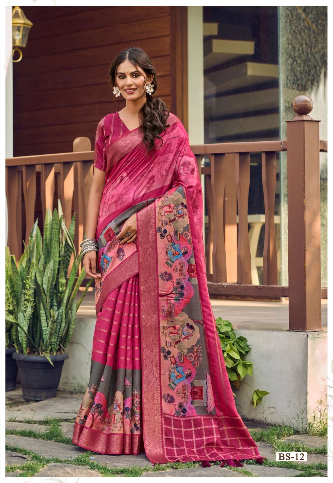 Elegant Buddeleia Kalamkari Handloom Crush Silk Saree