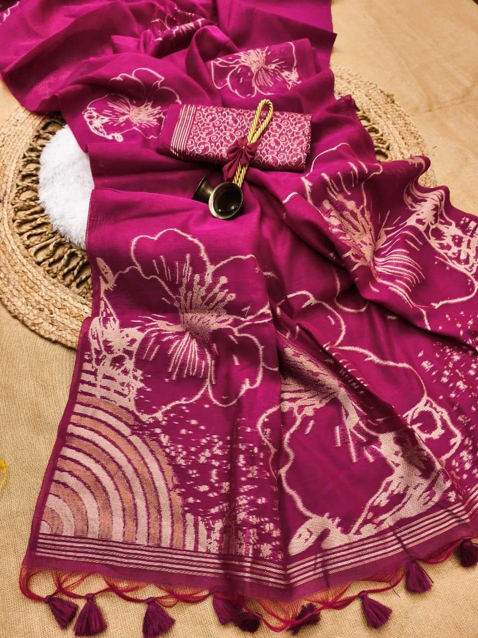 Premium Soft Muga Cotton Saree with Golden Zari Floral Pallu