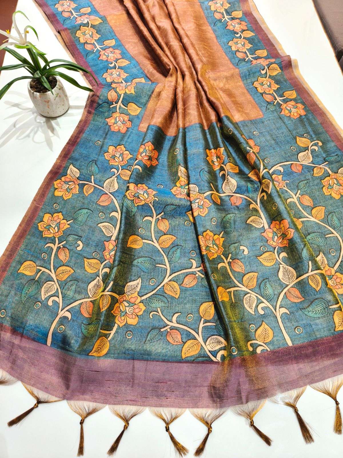 Premium Tissue Tussar Silk Saree with Traditional Floral Print