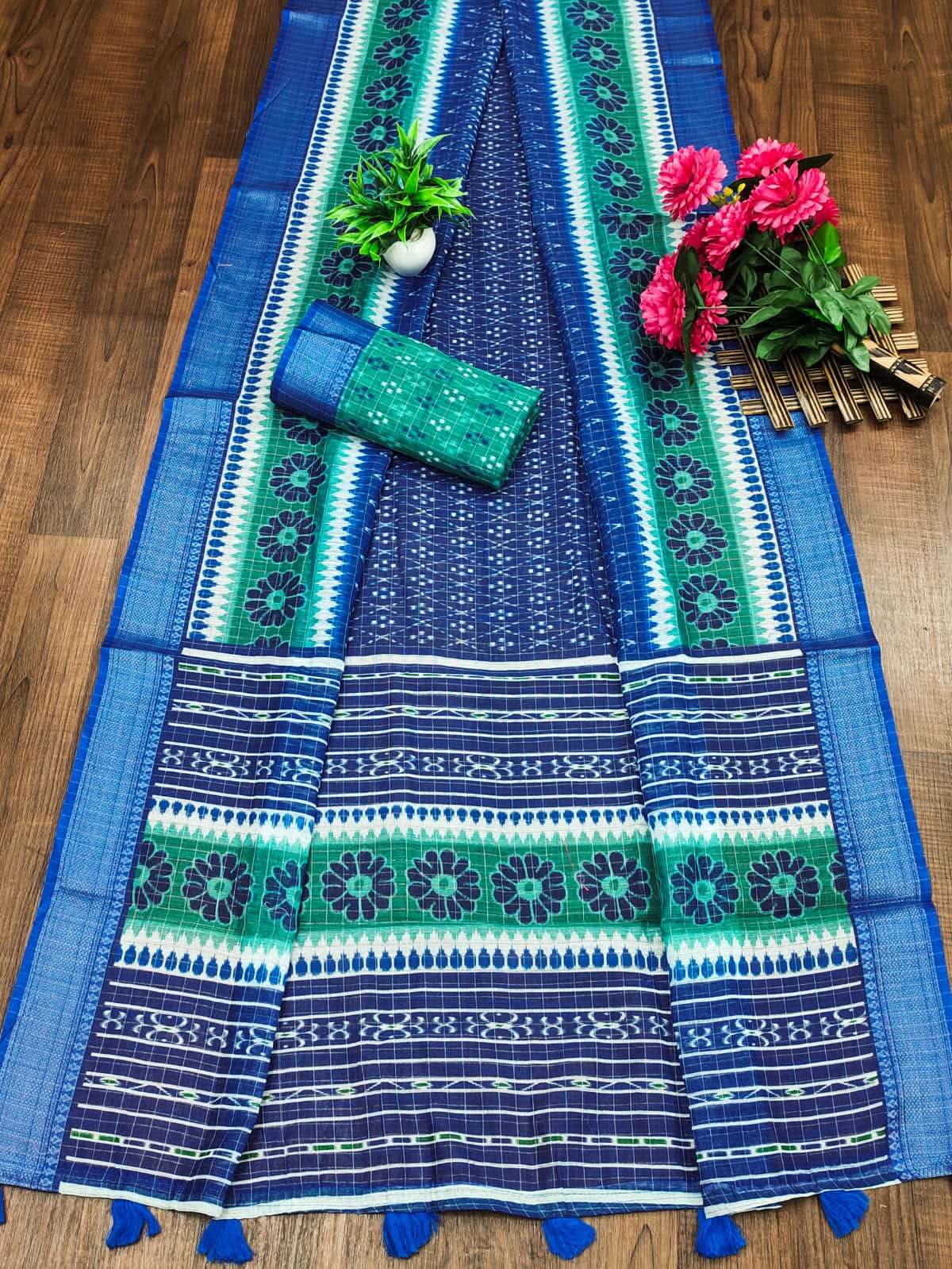 Soft Cotton Checks Linen Saree with Block Print & Fancy Pallu